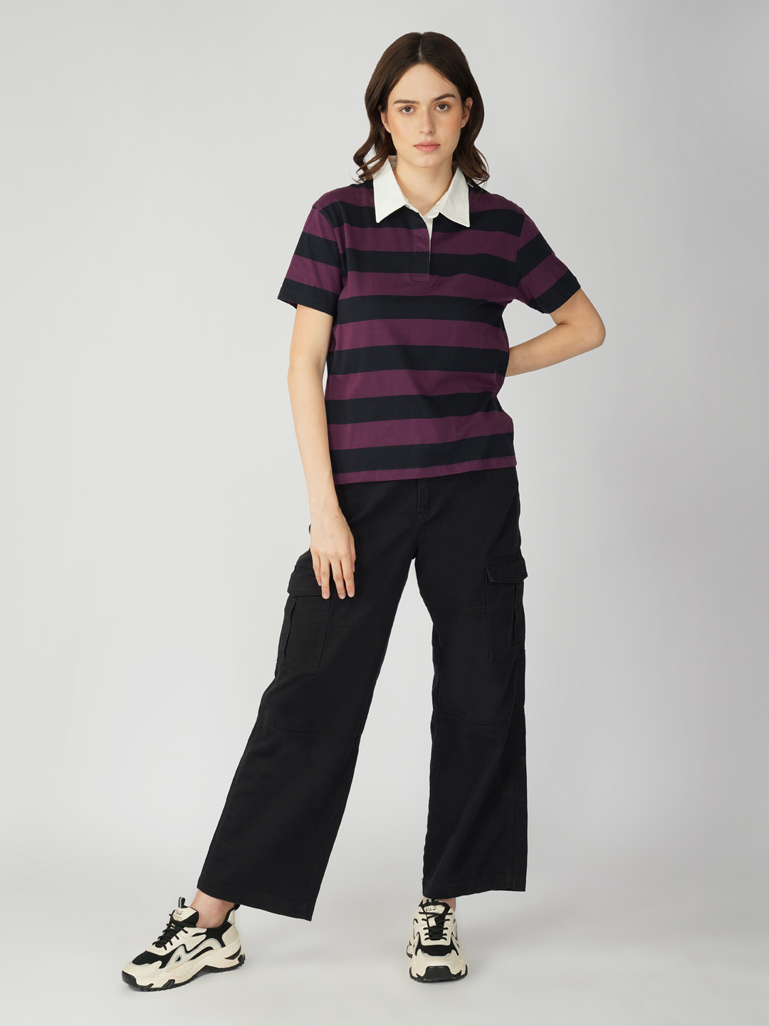 Oneway Women Striped Purple Polo T-Shirt