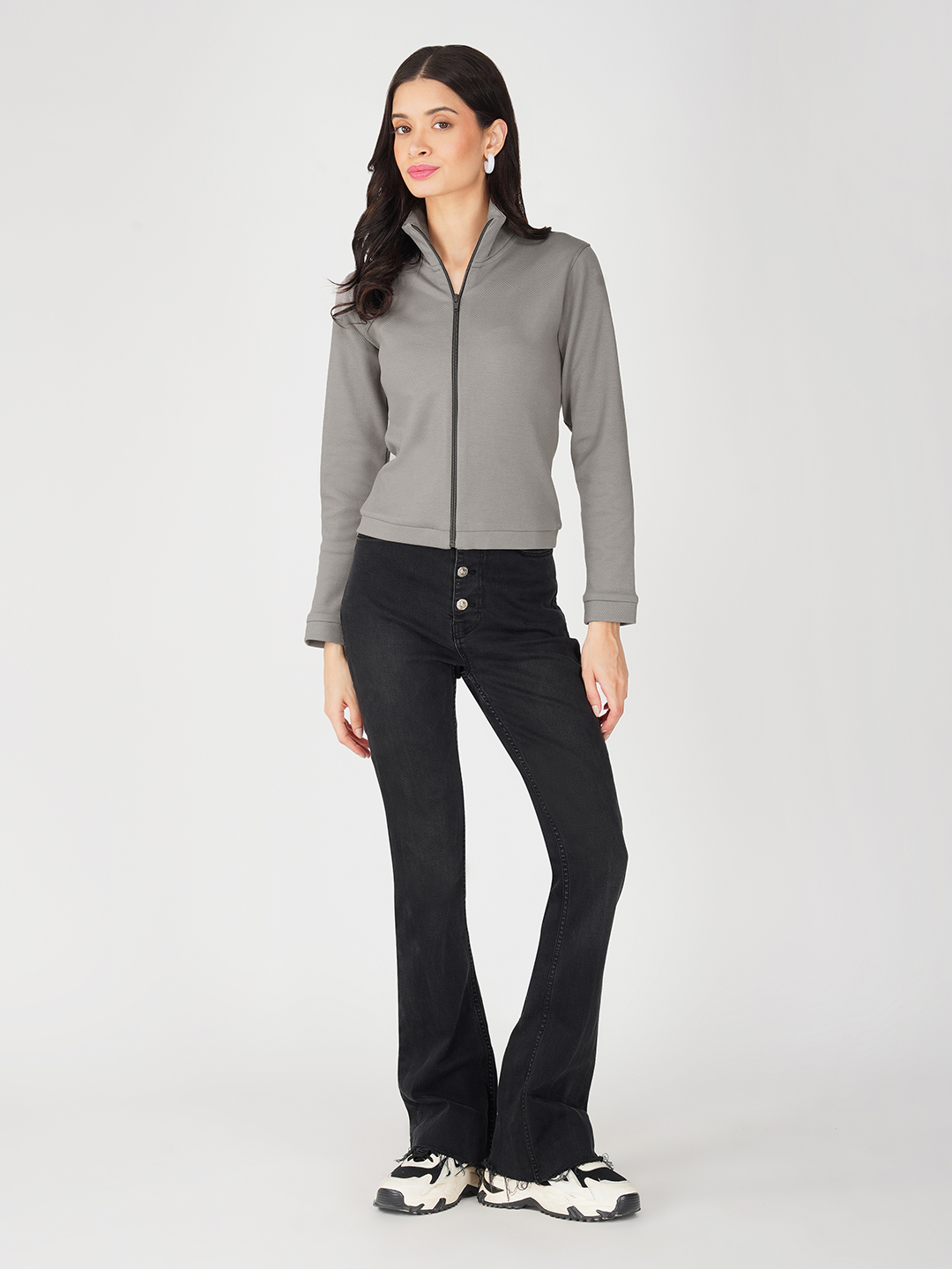 Oneway Women Solid Grey Jacket