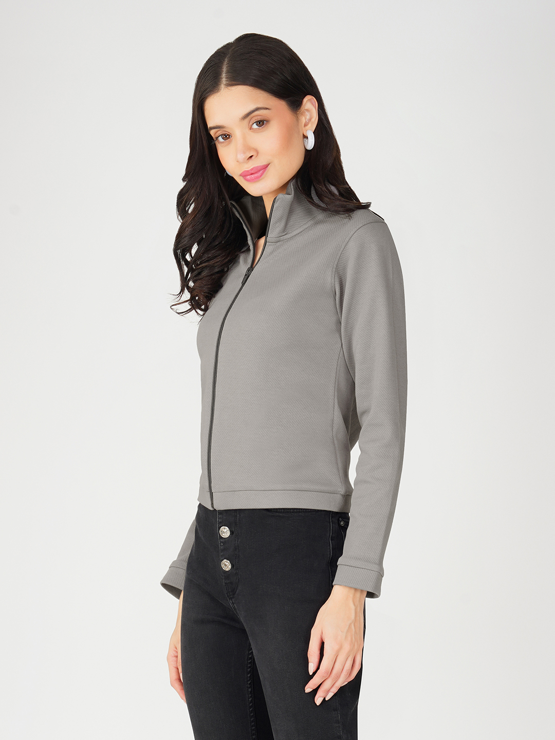 Oneway Women Solid Grey Jacket