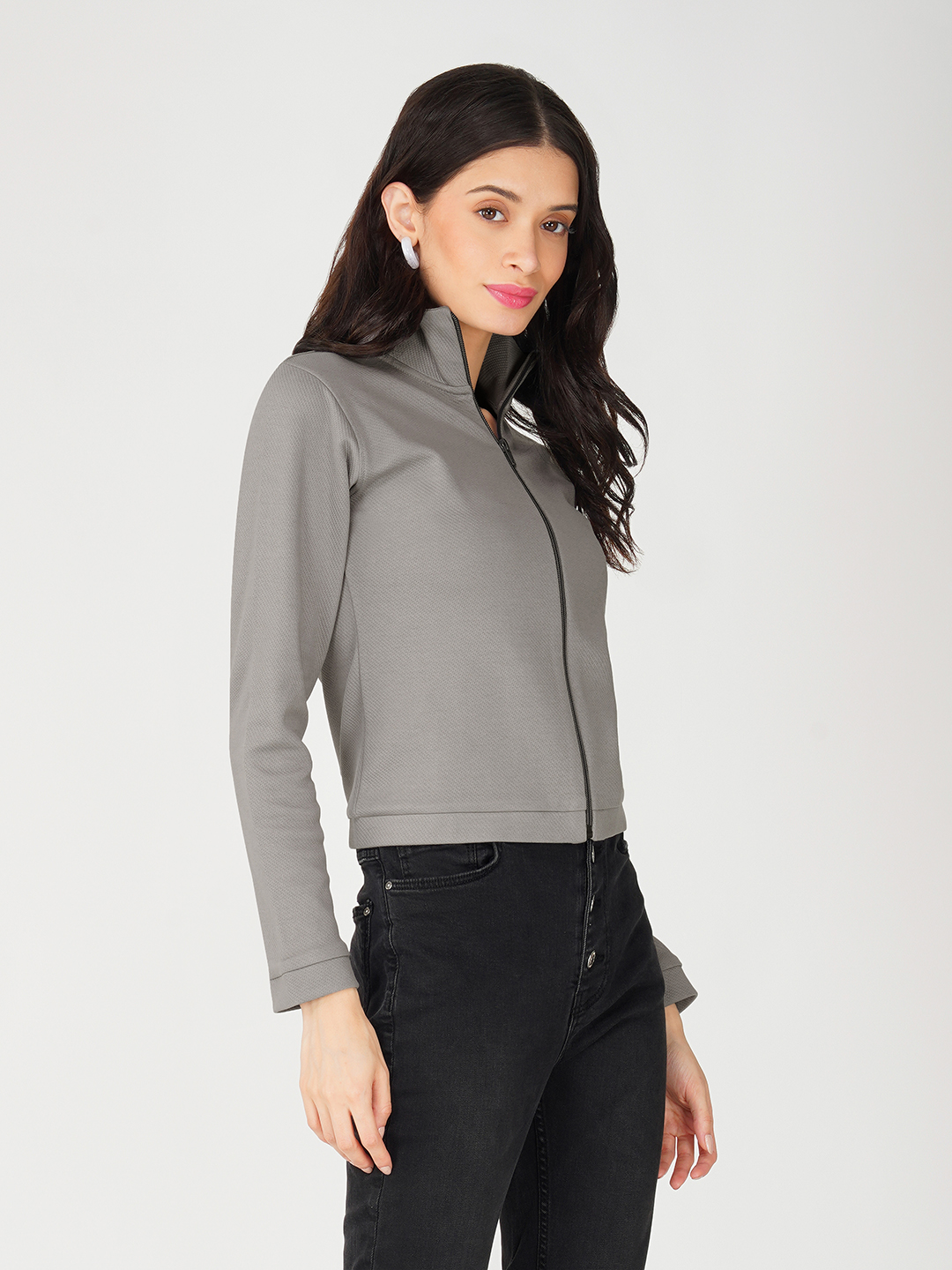 Oneway Women Solid Grey Jacket