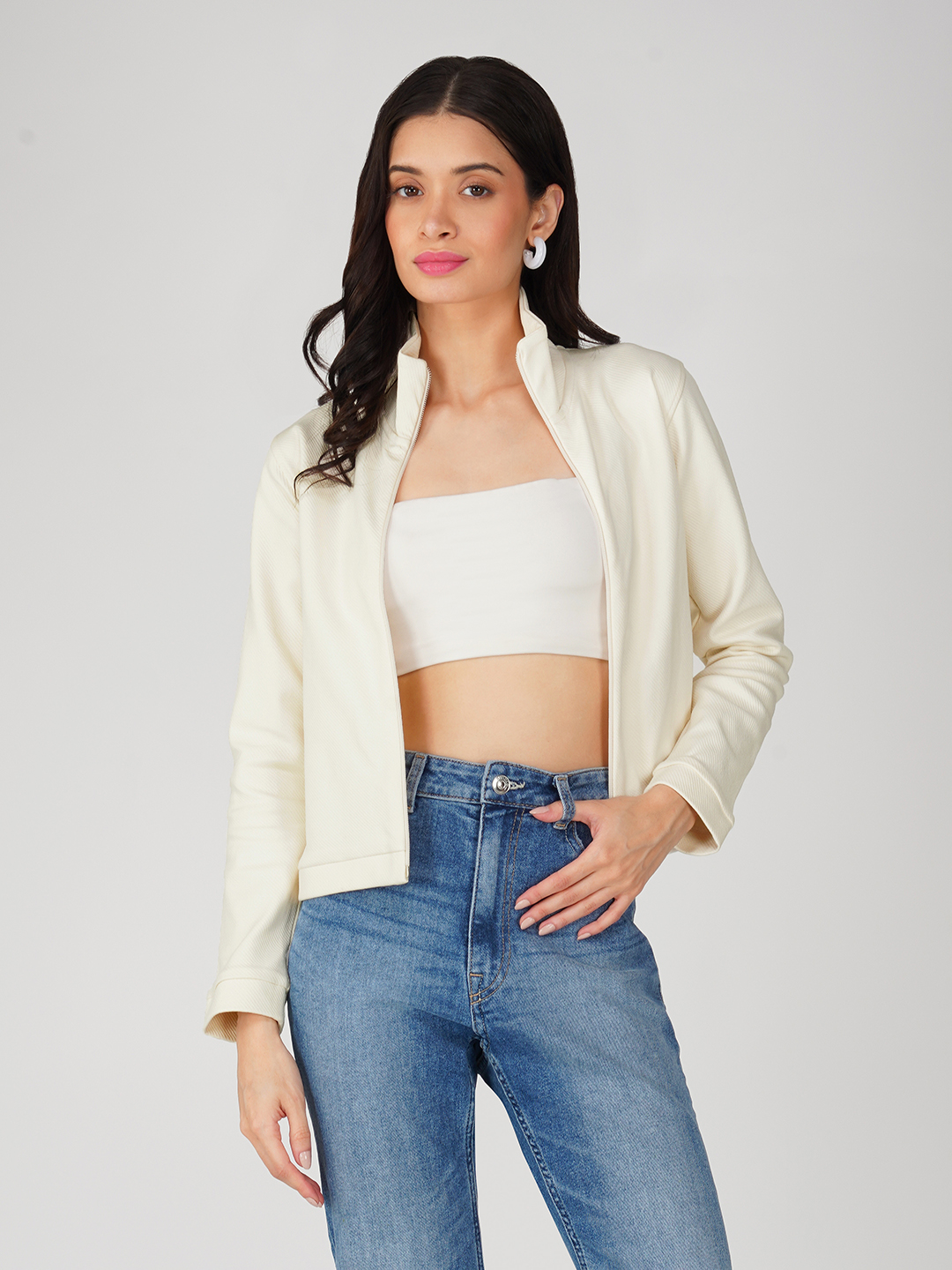 Oneway Women Solid Off-White Jacket