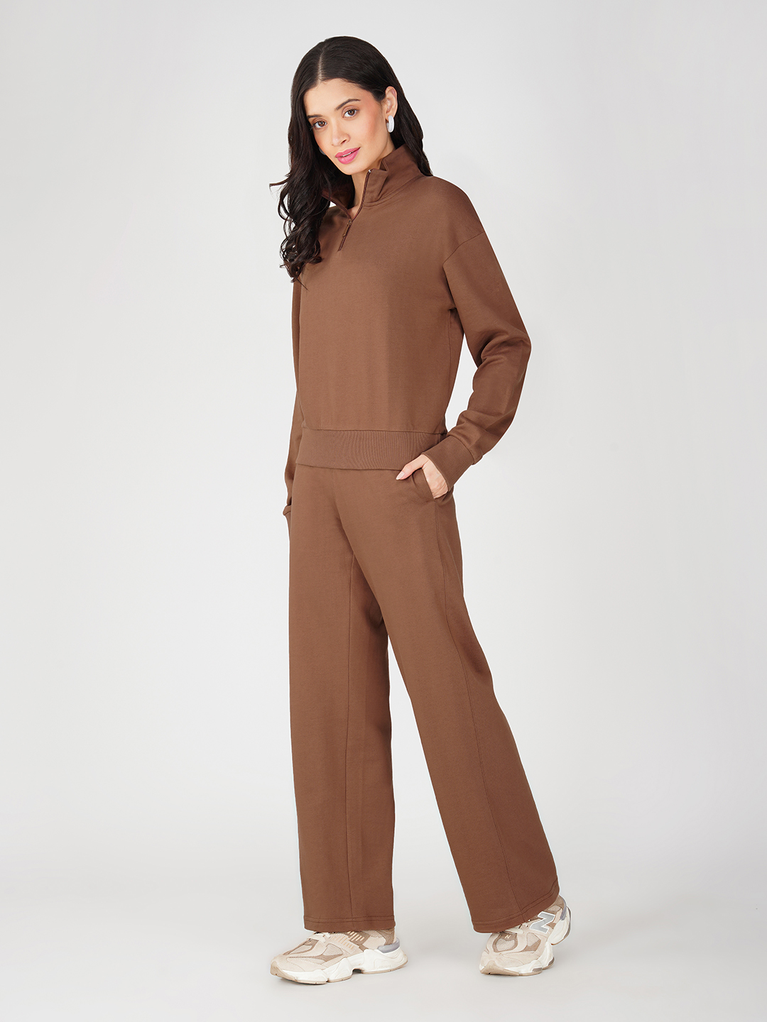 Oneway Women Solid Brown 1 Sweatshirt,1 Trackpants:: Co-Ord Set