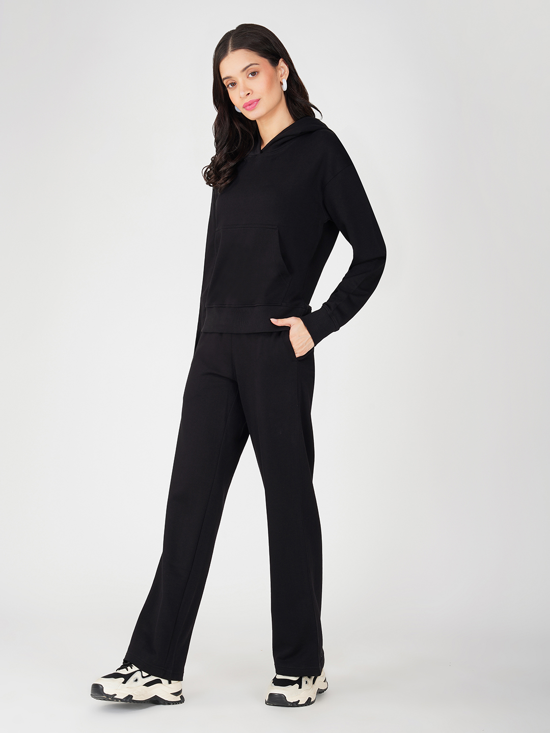 Oneway Women Solid Black 1 Hooded Sweatshirt,1 Trackpants::Tracksuit