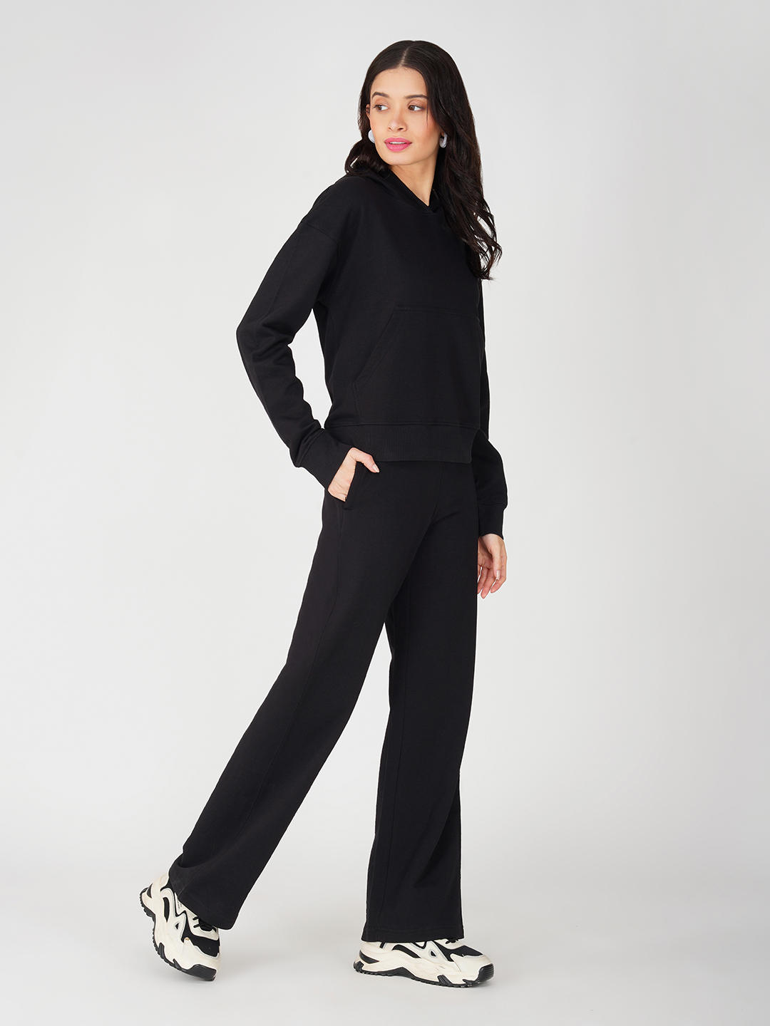 Oneway Women Solid Black 1 Hooded Sweatshirt,1 Trackpants::Tracksuit