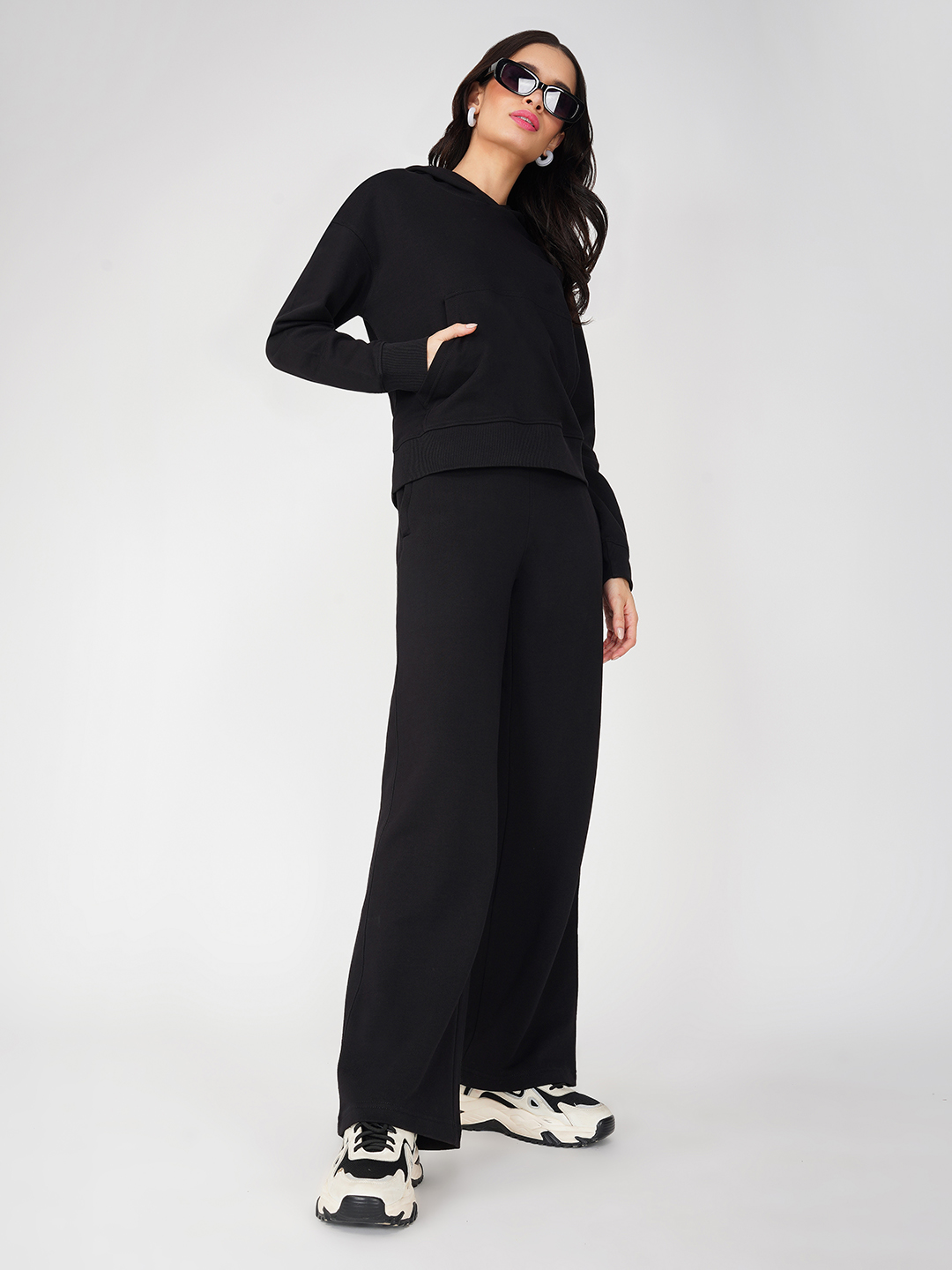 Oneway Women Solid Black 1 Hooded Sweatshirt,1 Trackpants::Tracksuit