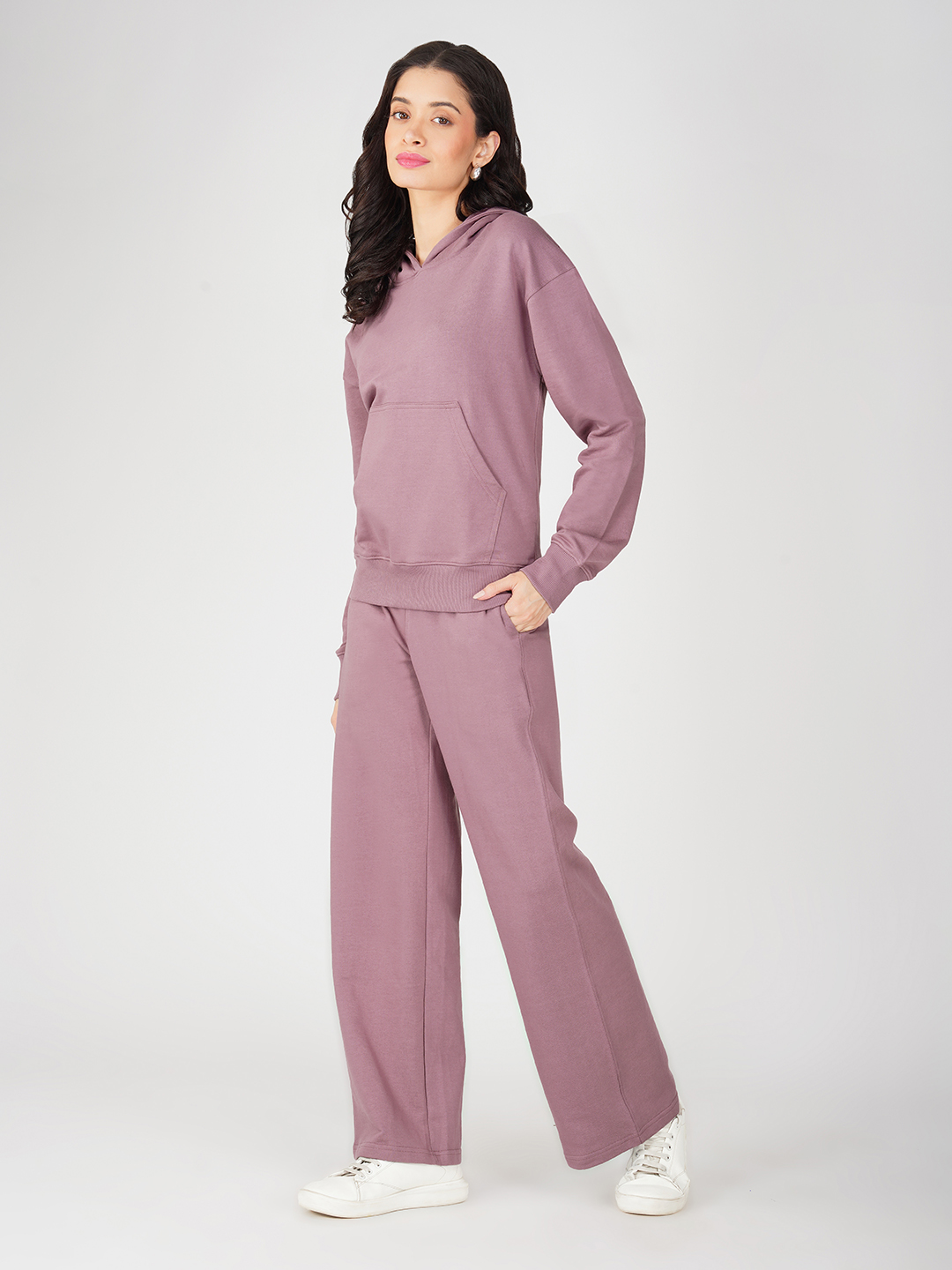 Oneway Women Solid Purple 1 Hooded Sweatshirt,1 Trackpants::Tracksuit