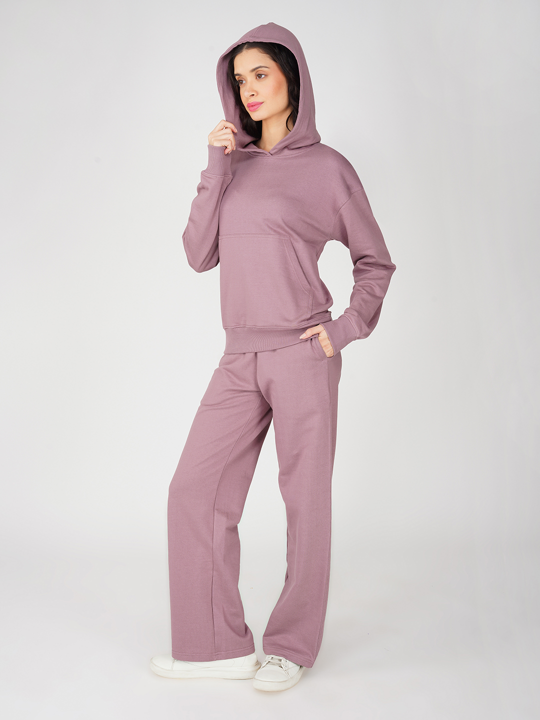 Oneway Women Solid Purple 1 Hooded Sweatshirt,1 Trackpants::Tracksuit