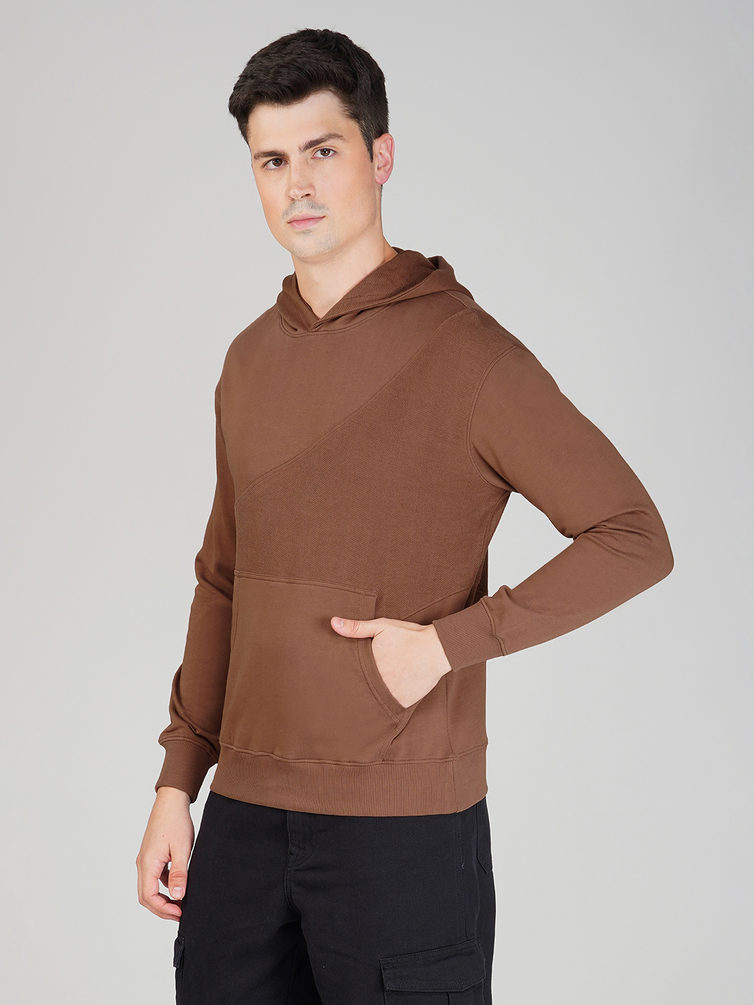 Oneway Men Solid Brown Hooded Sweatshirt