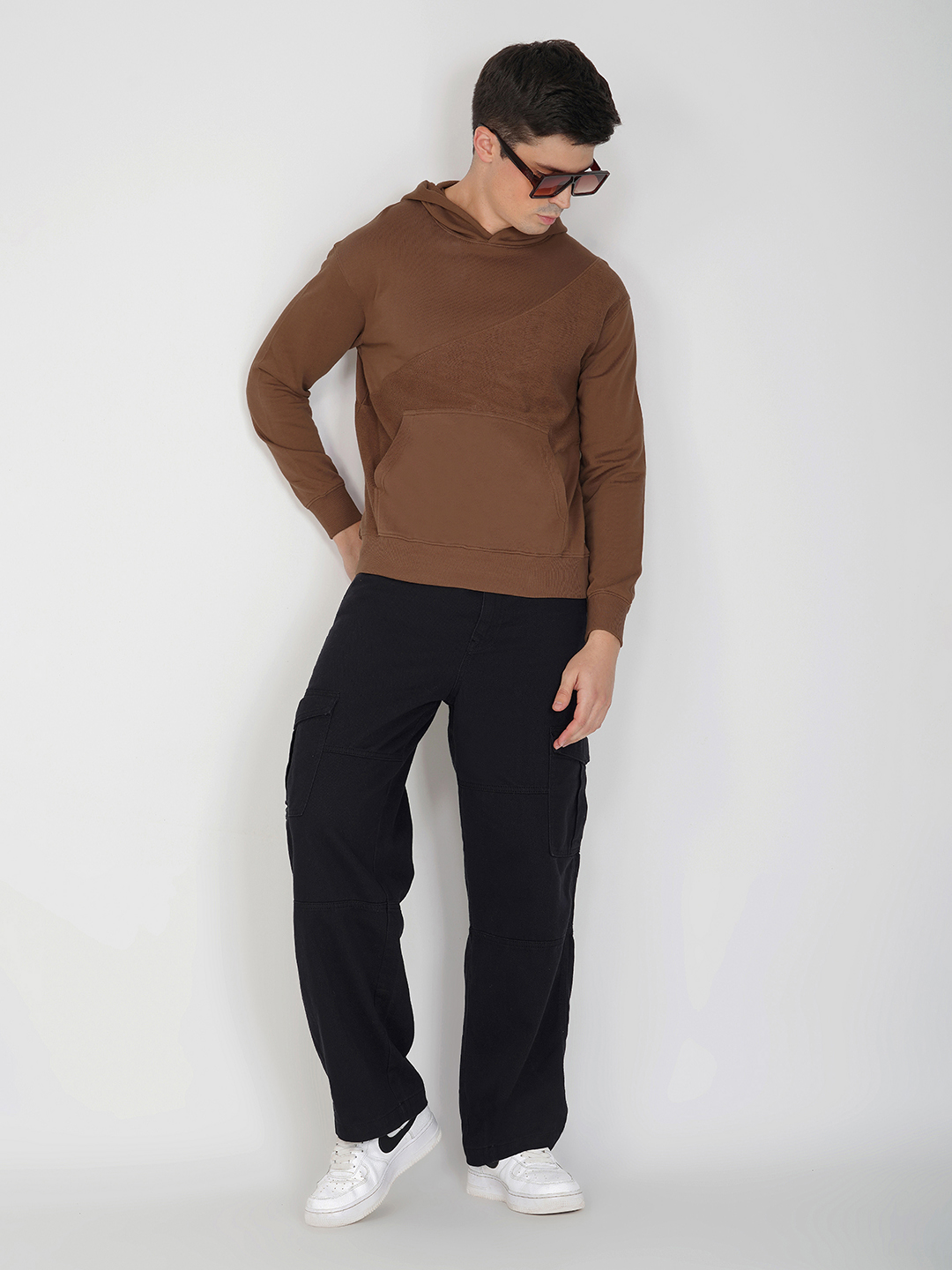 Oneway Men Solid Brown Hooded Sweatshirt