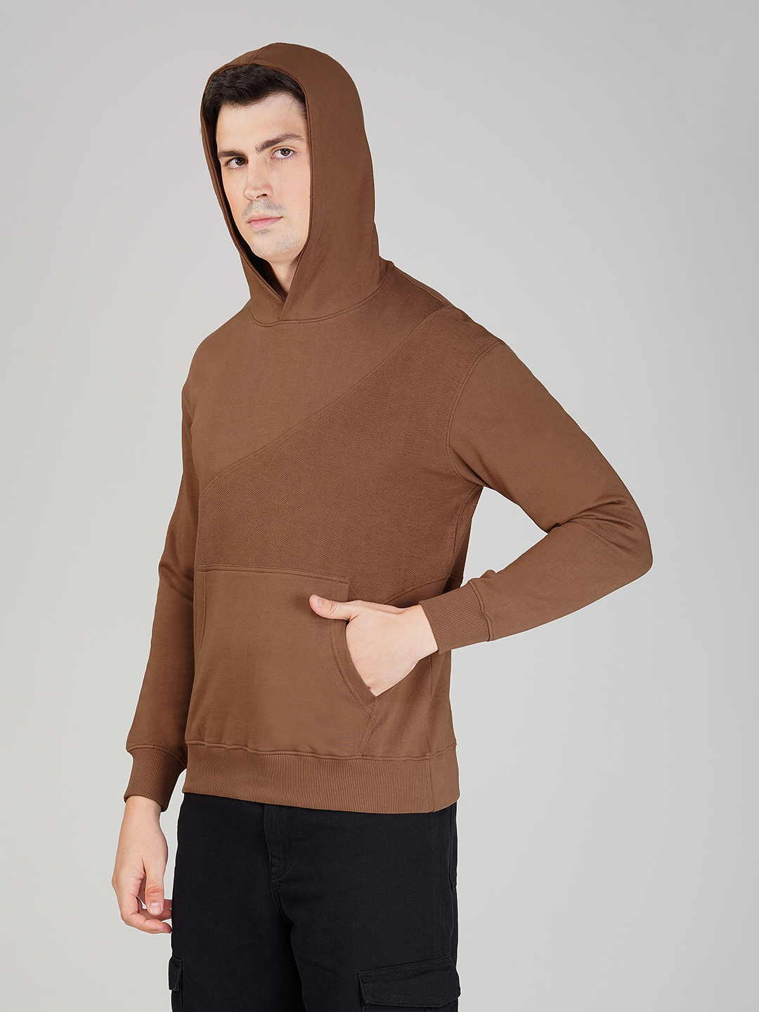 Oneway Men Solid Brown Hooded Sweatshirt