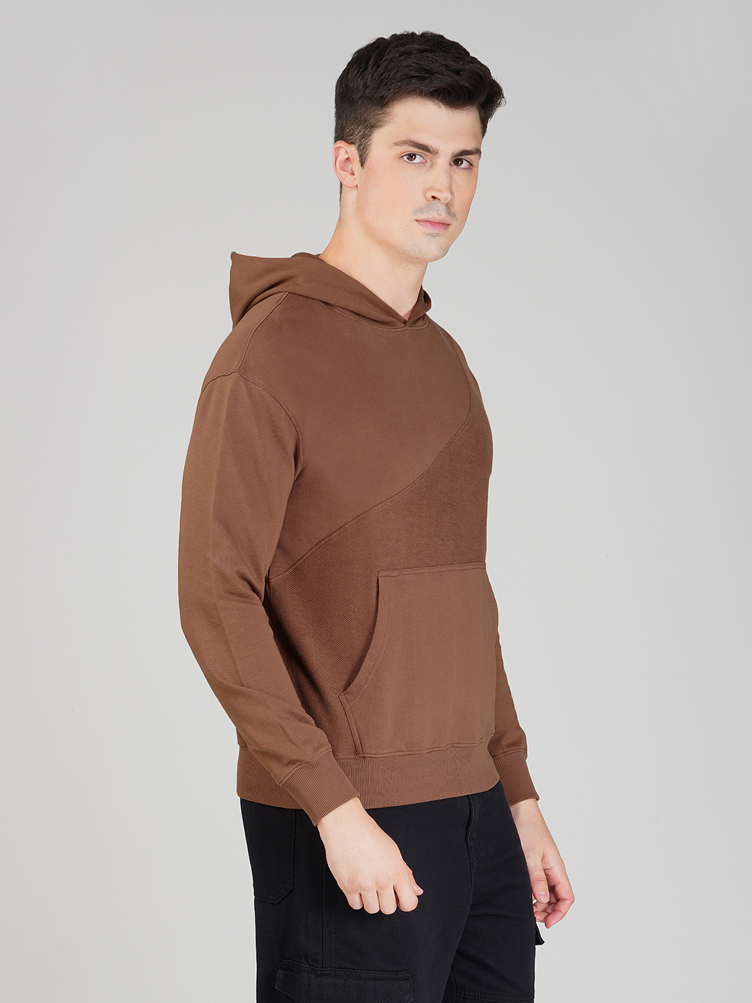 Oneway Men Solid Brown Hooded Sweatshirt