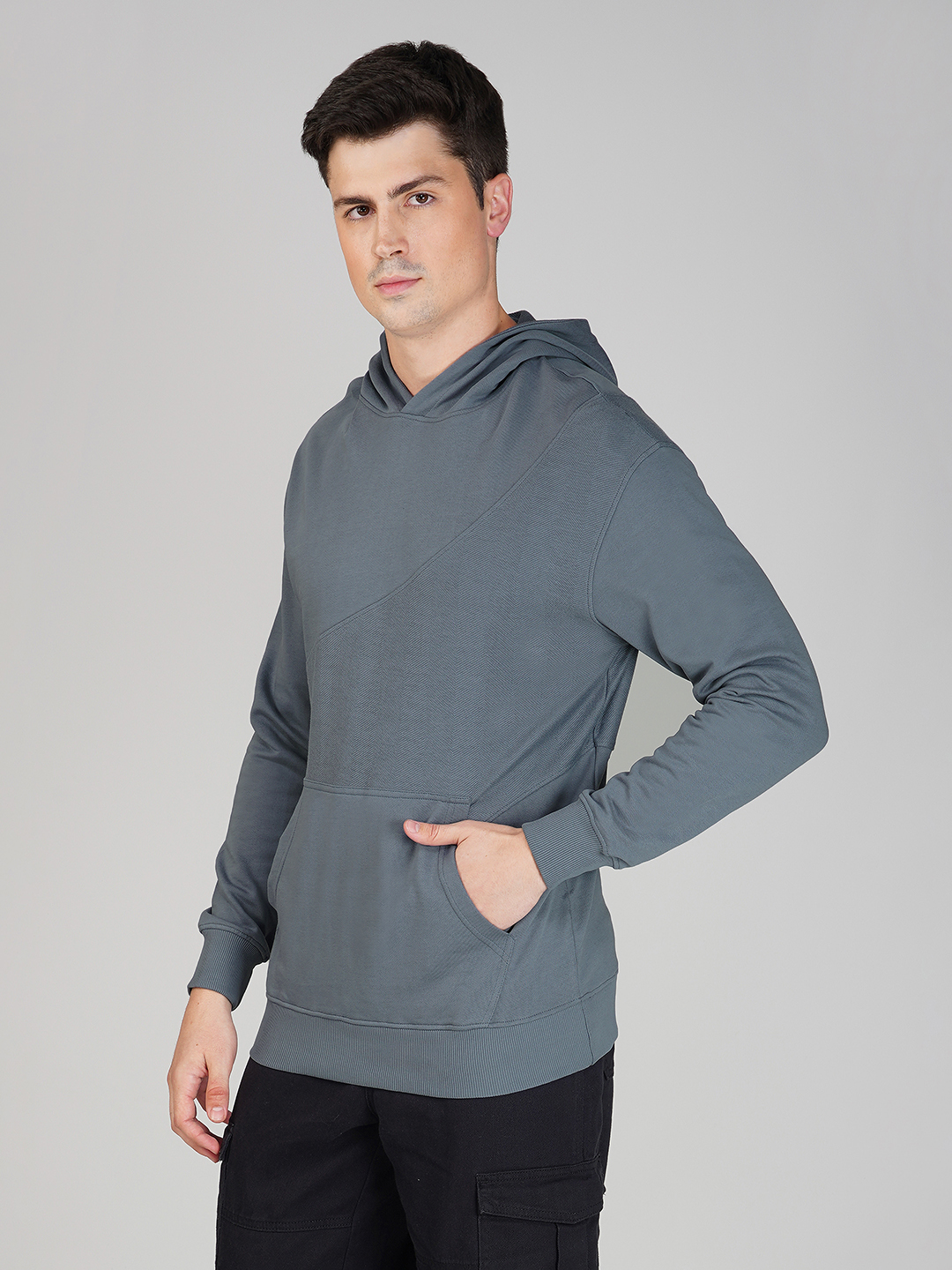 Oneway Men Solid Grey Hooded Sweatshirt