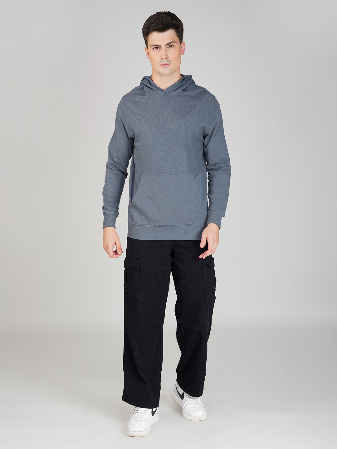 Oneway Men Solid Grey Hooded Sweatshirt