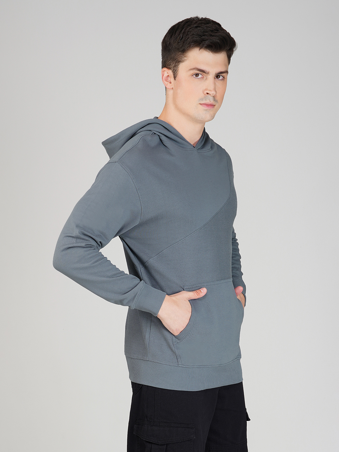 Oneway Men Solid Grey Hooded Sweatshirt