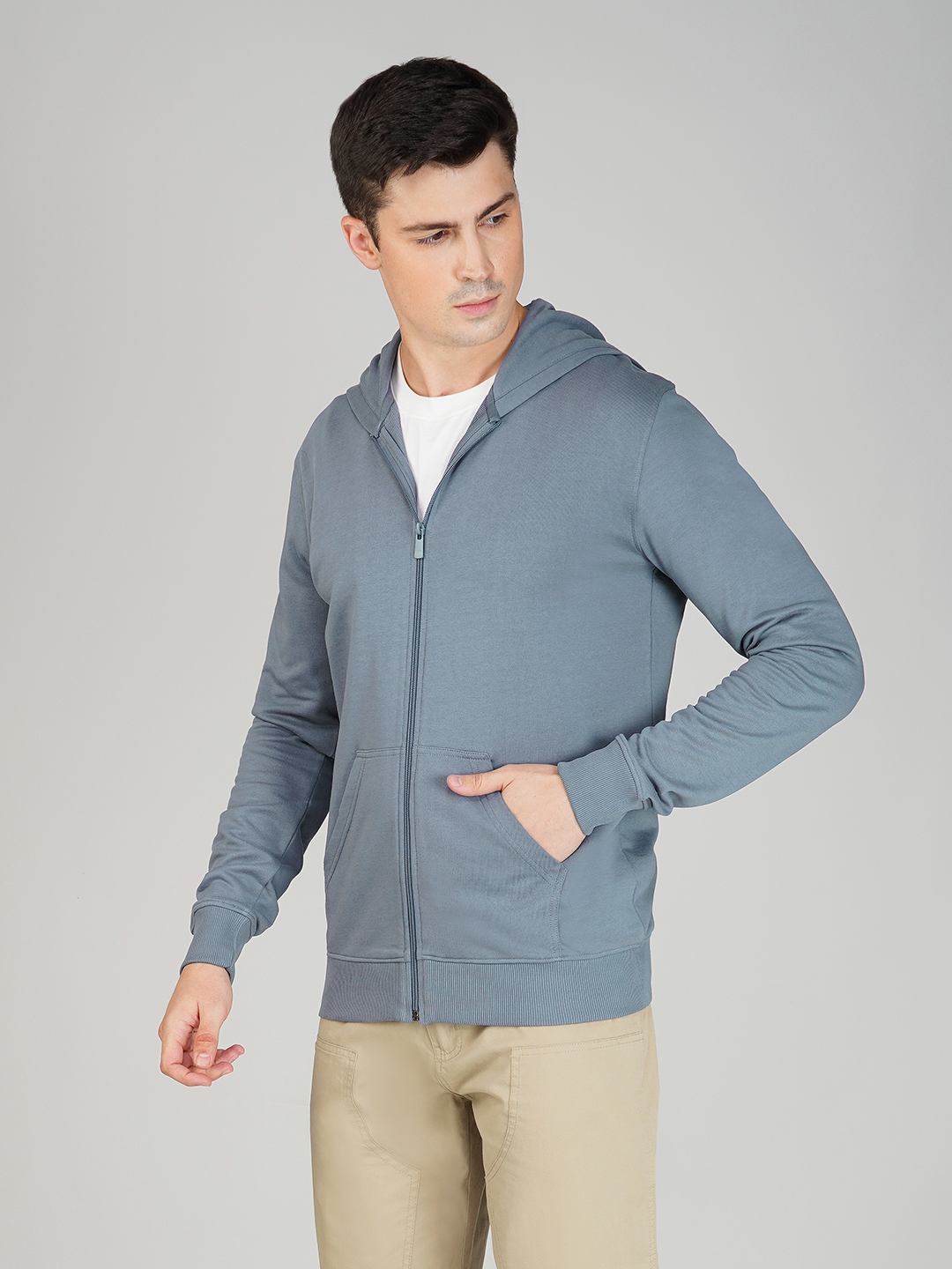 Oneway Men Solid Grey Hooded Jacket