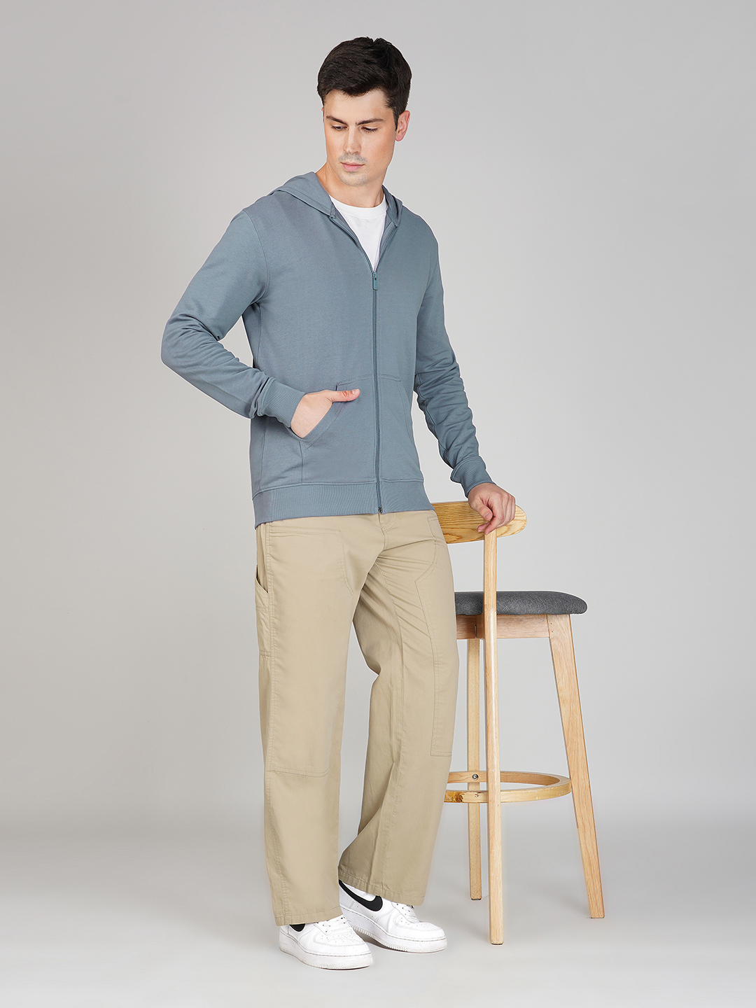 Oneway Men Solid Grey Hooded Jacket