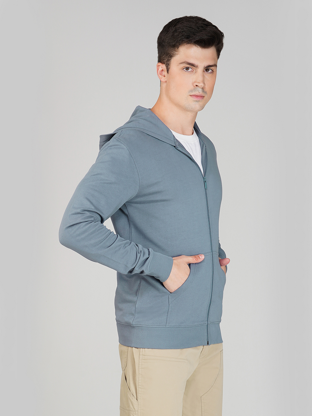 Oneway Men Solid Grey Hooded Jacket