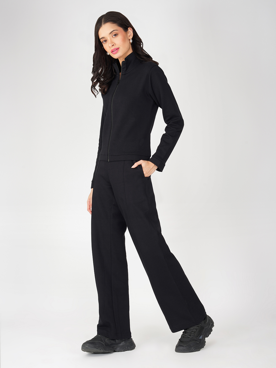 Oneway Women Solid Black 1 Jacket, 1 Trackpants::Tracksuit