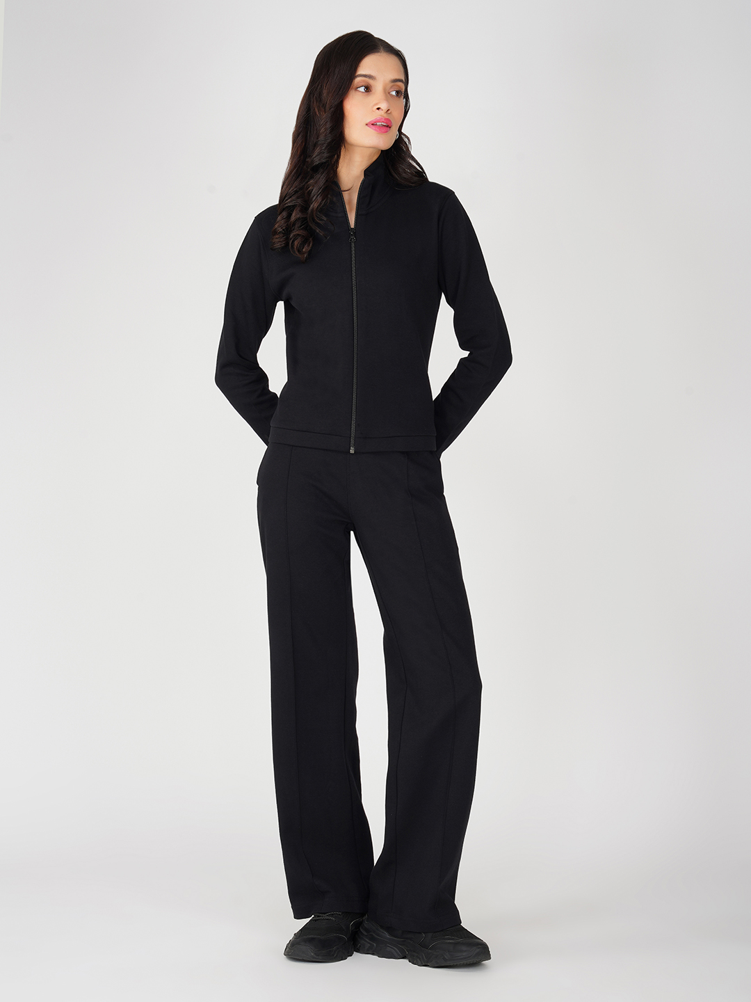 Oneway Women Solid Black 1 Jacket, 1 Trackpants::Tracksuit