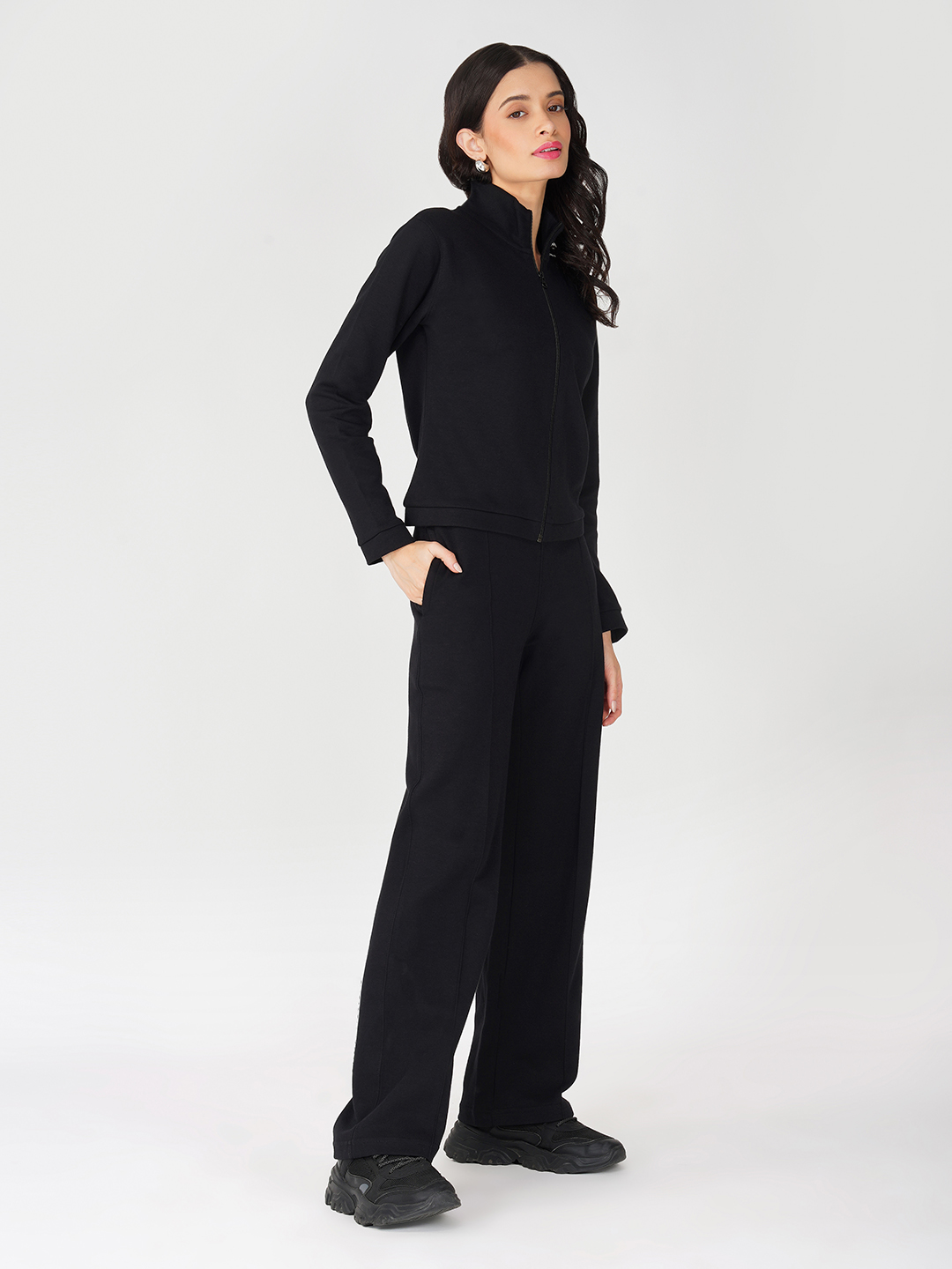 Oneway Women Solid Black 1 Jacket, 1 Trackpants::Tracksuit