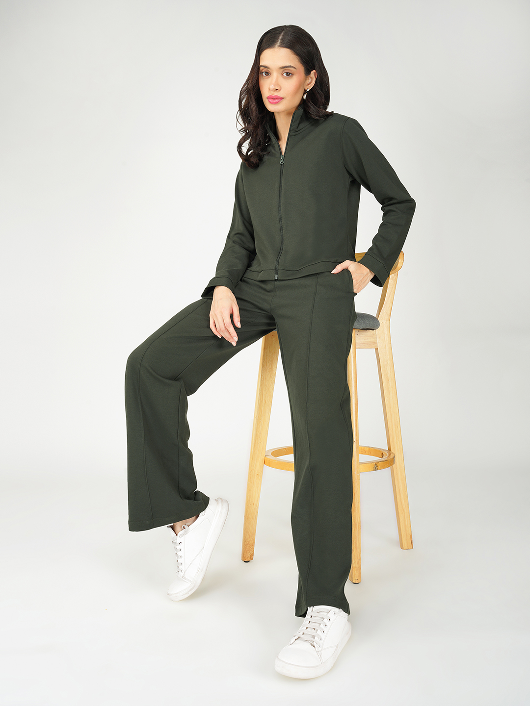 Oneway Women Solid Olive Green 1 Jacket, 1 Trackpants::Tracksuit