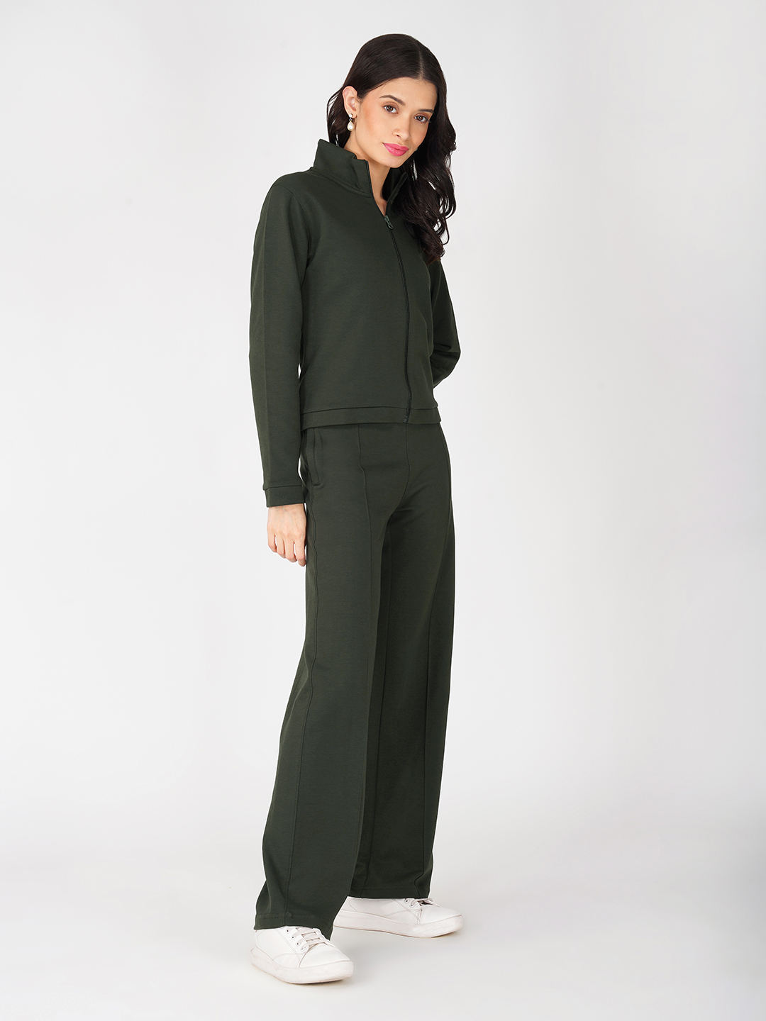 Oneway Women Solid Olive Green 1 Jacket, 1 Trackpants::Tracksuit