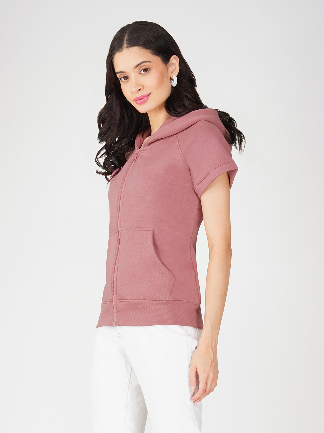 Oneway Women Solid Pink Hooded Jacket