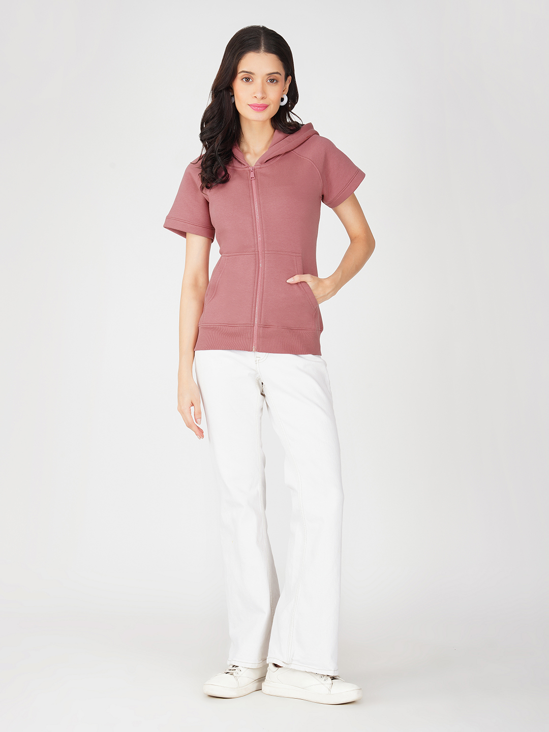 Oneway Women Solid Pink Hooded Jacket