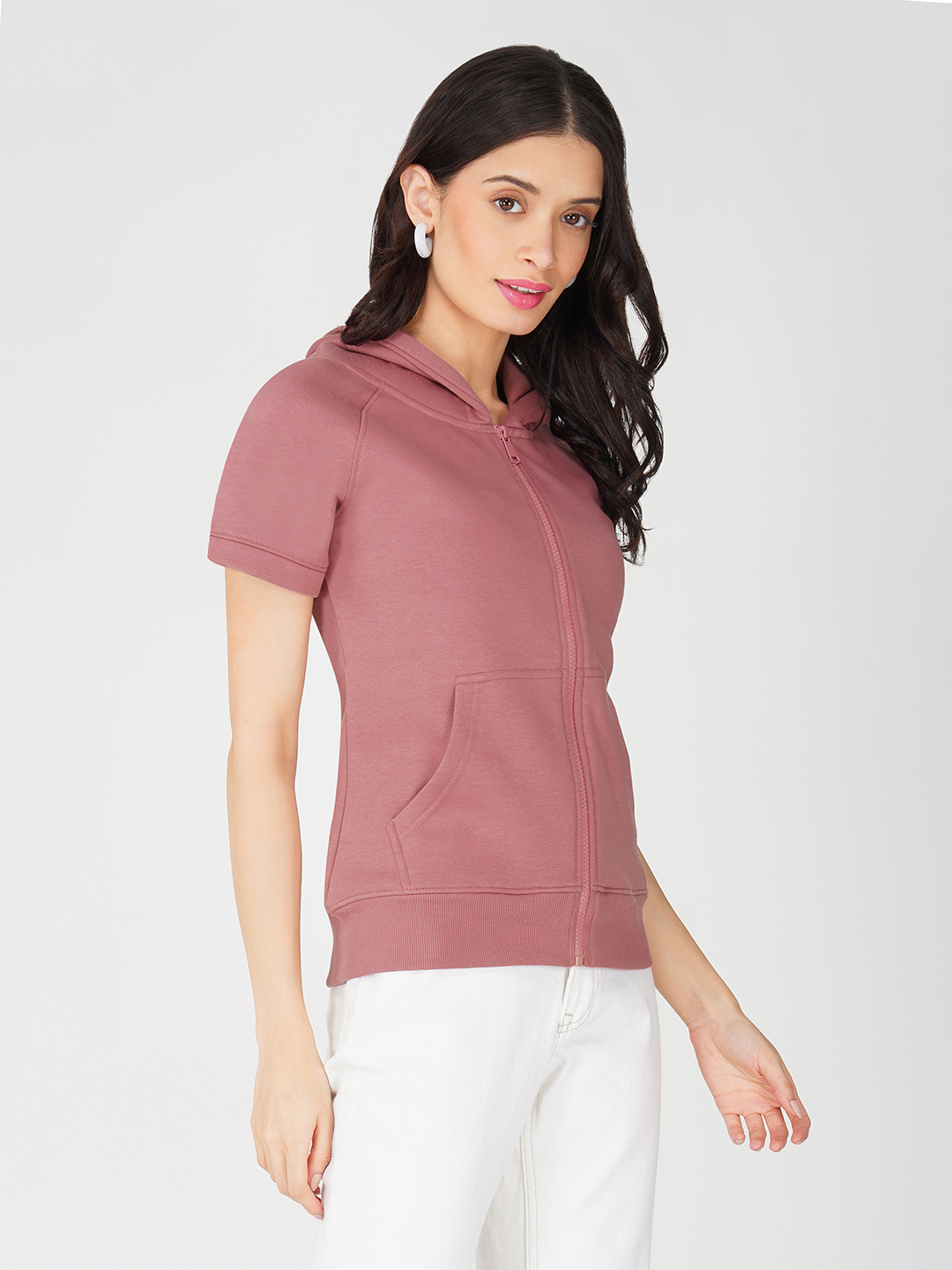 Oneway Women Solid Pink Hooded Jacket