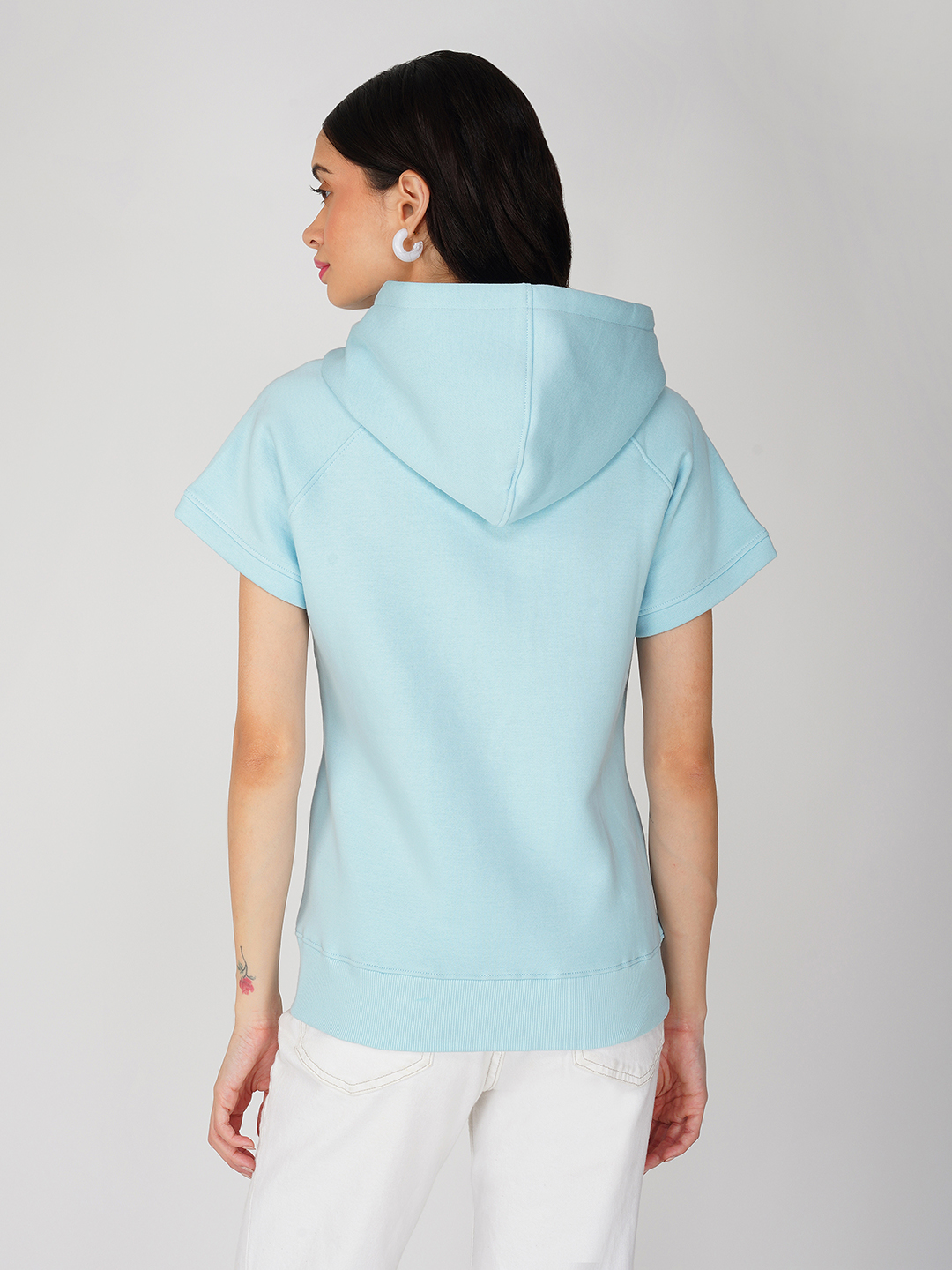 Oneway Women Solid Blue Hooded Jacket