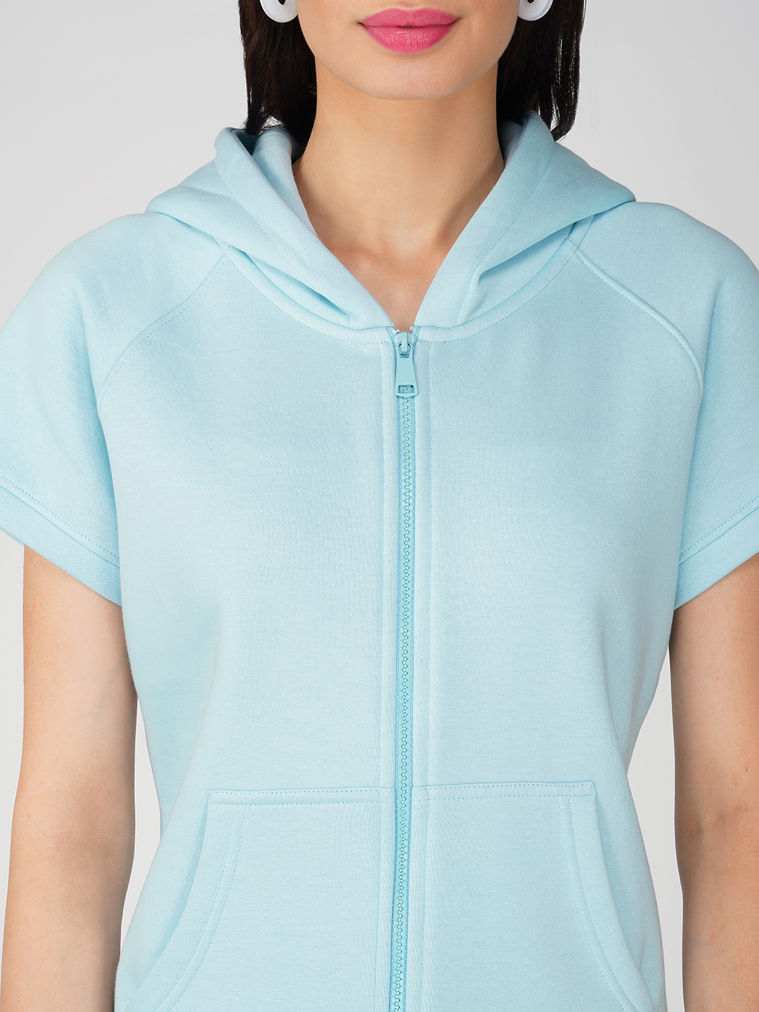 Oneway Women Solid Blue Hooded Jacket