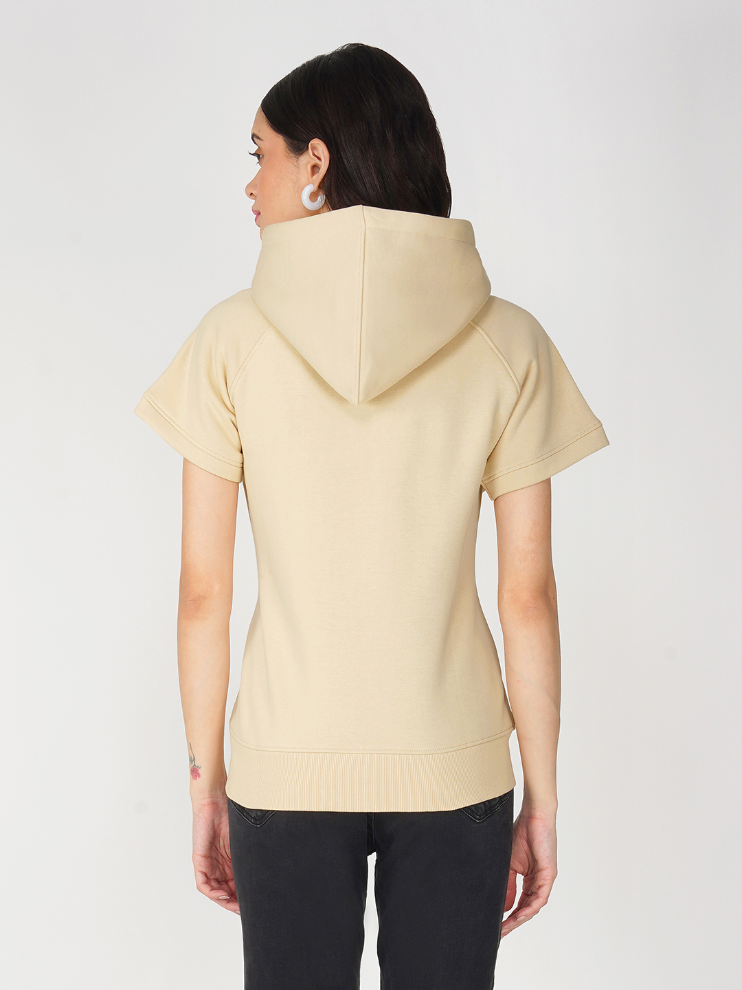 Oneway Women Solid Beige Hooded Jacket