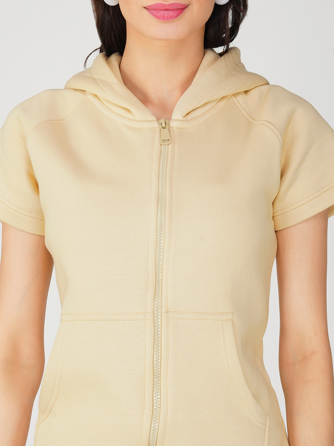 Oneway Women Solid Beige Hooded Jacket