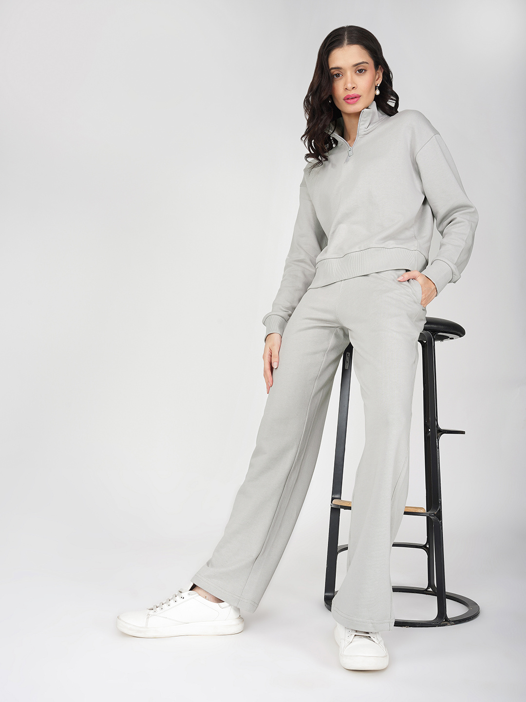 Oneway Women Solid Light Grey 1 Sweatshirt,1 Trackpants:: Co-Ord Set