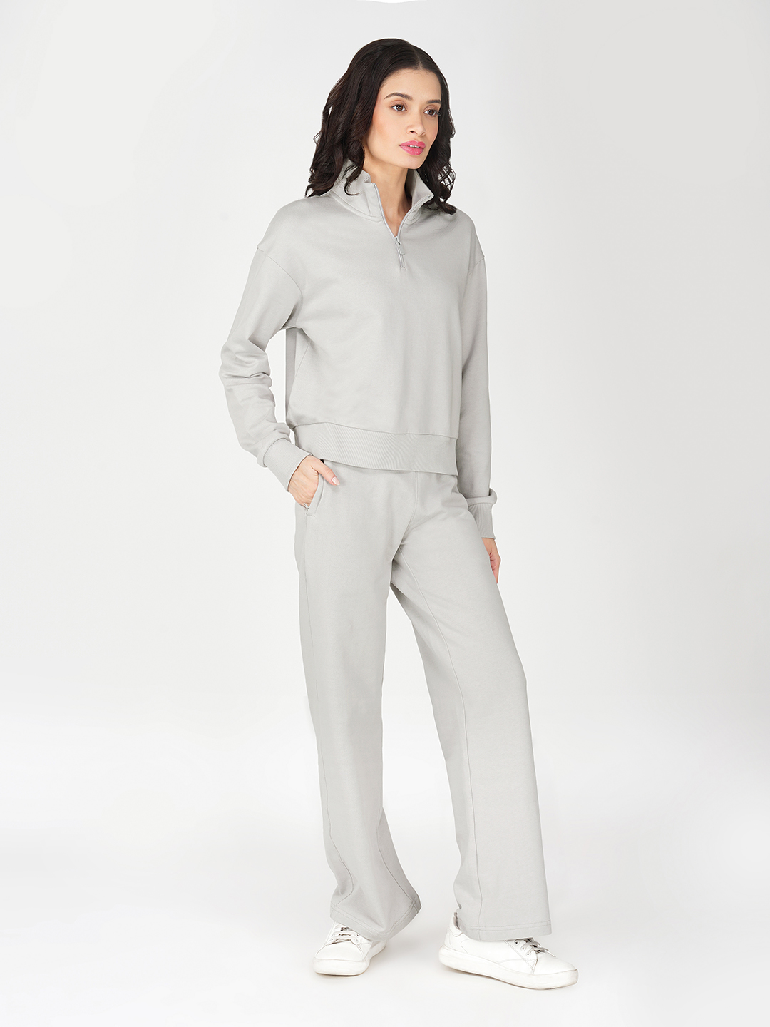 Oneway Women Solid Light Grey 1 Sweatshirt,1 Trackpants:: Co-Ord Set