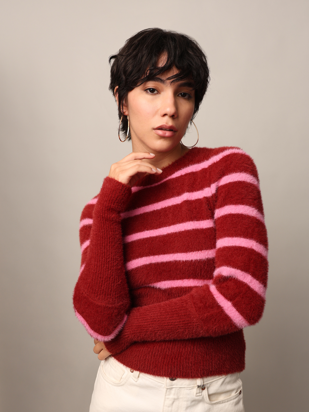ONLY Women Striped Red Sweater