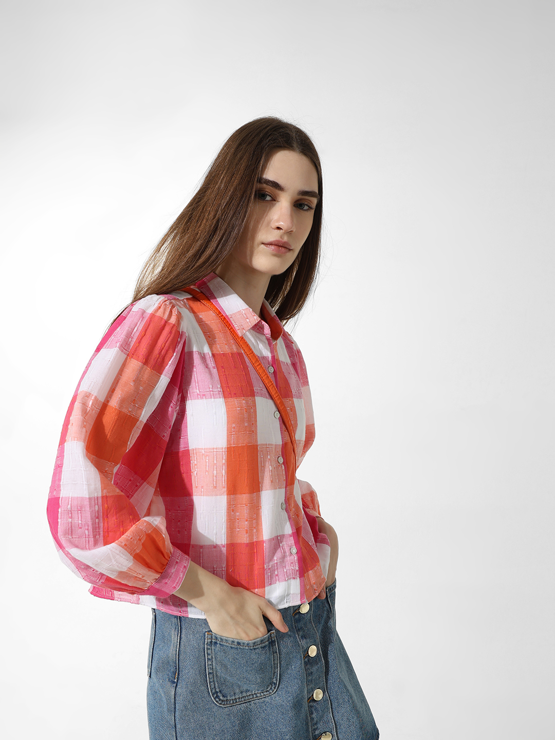 ONLY Women Checkered Pink Shirt