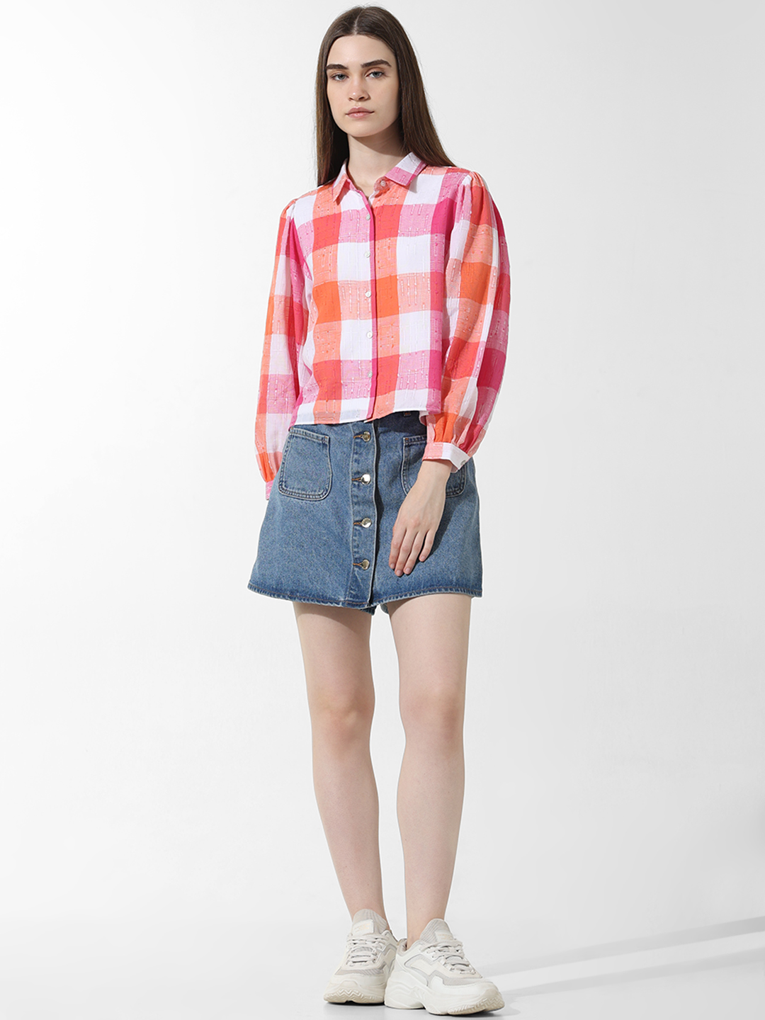 ONLY Women Checkered Pink Shirt