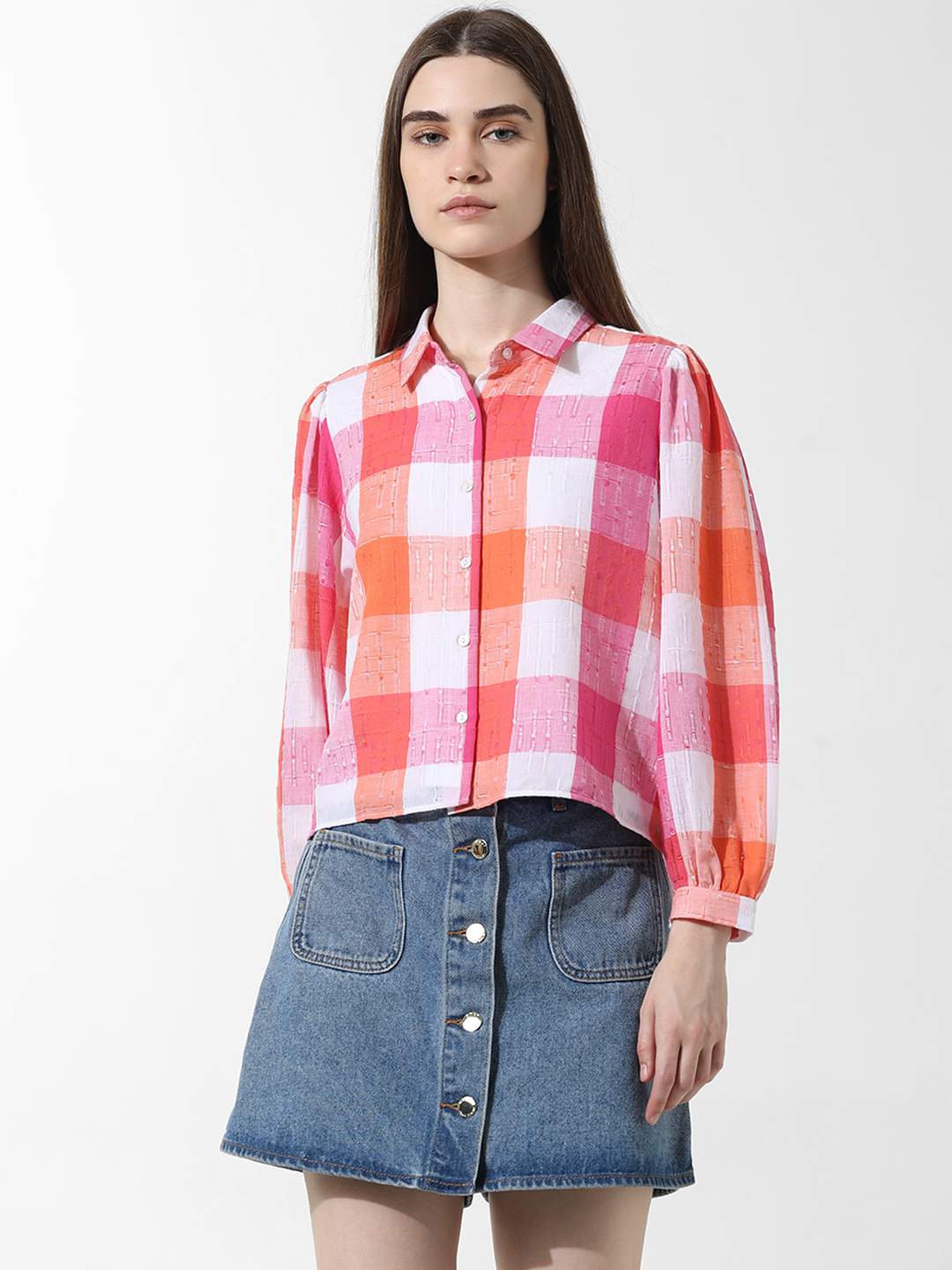 ONLY Women Checkered Pink Shirt