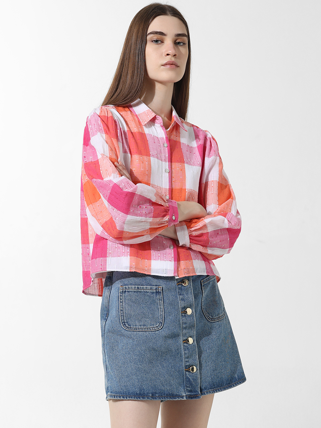 ONLY Women Checkered Pink Shirt