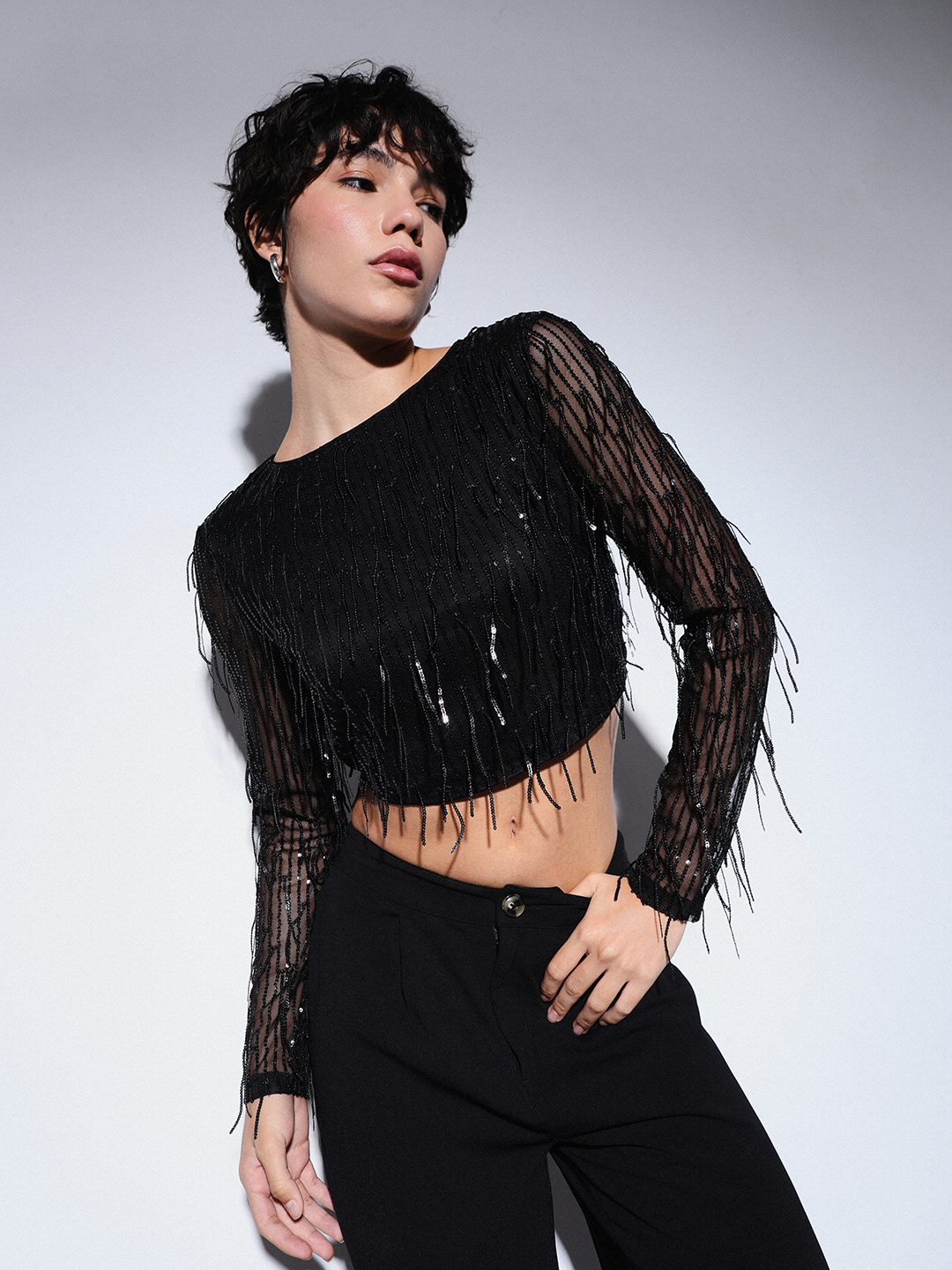 ONLY Women Self Design Black Top