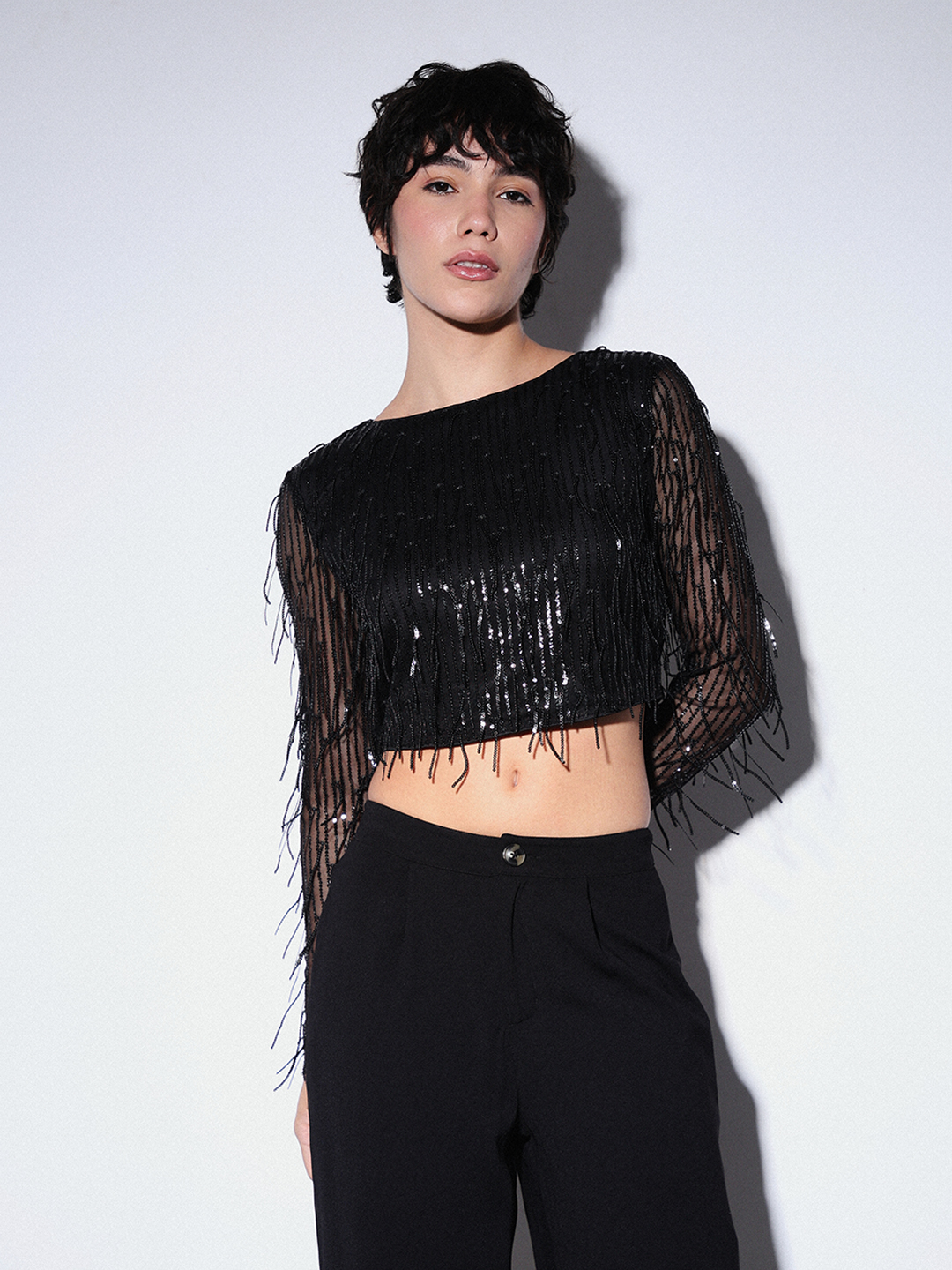 ONLY Women Self Design Black Top