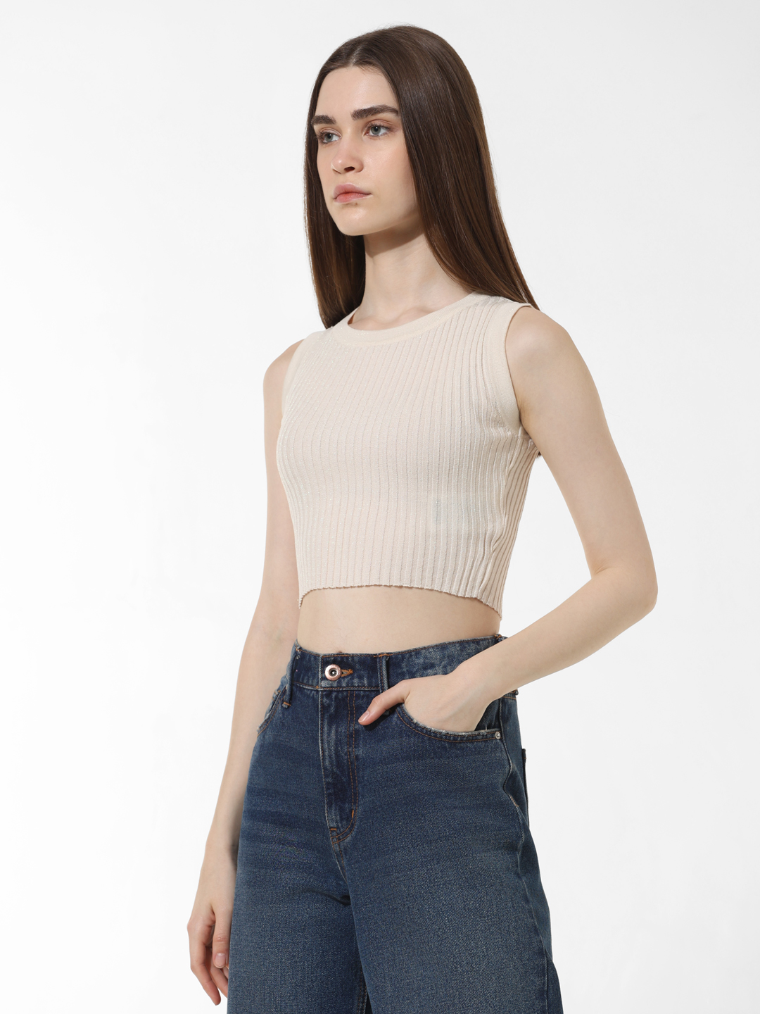 ONLY Women Solid Beige Top