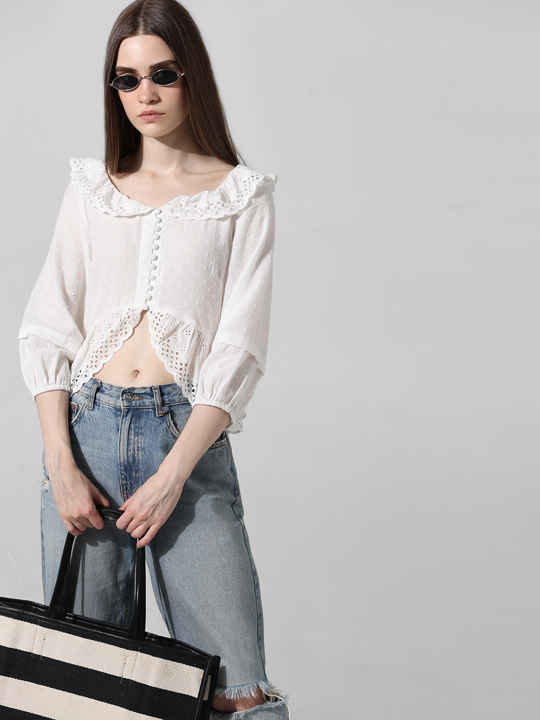 ONLY Women Self Design White Top