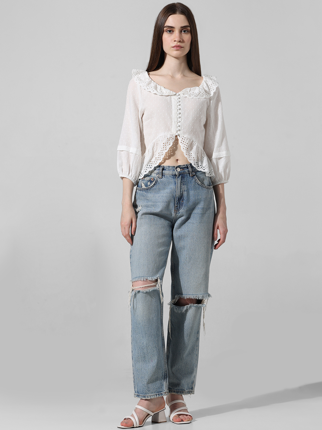 ONLY Women Self Design White Top