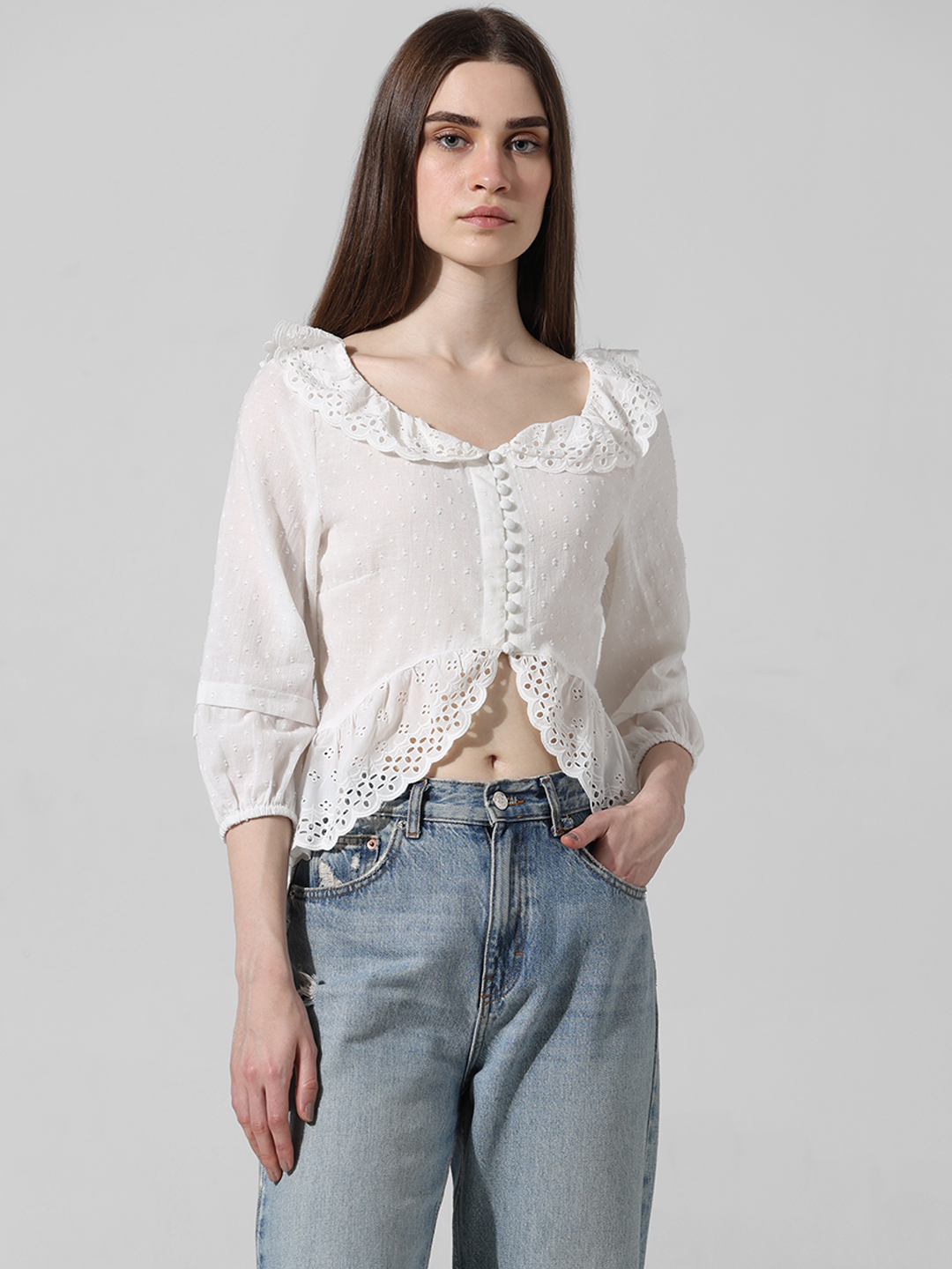 ONLY Women Self Design White Top