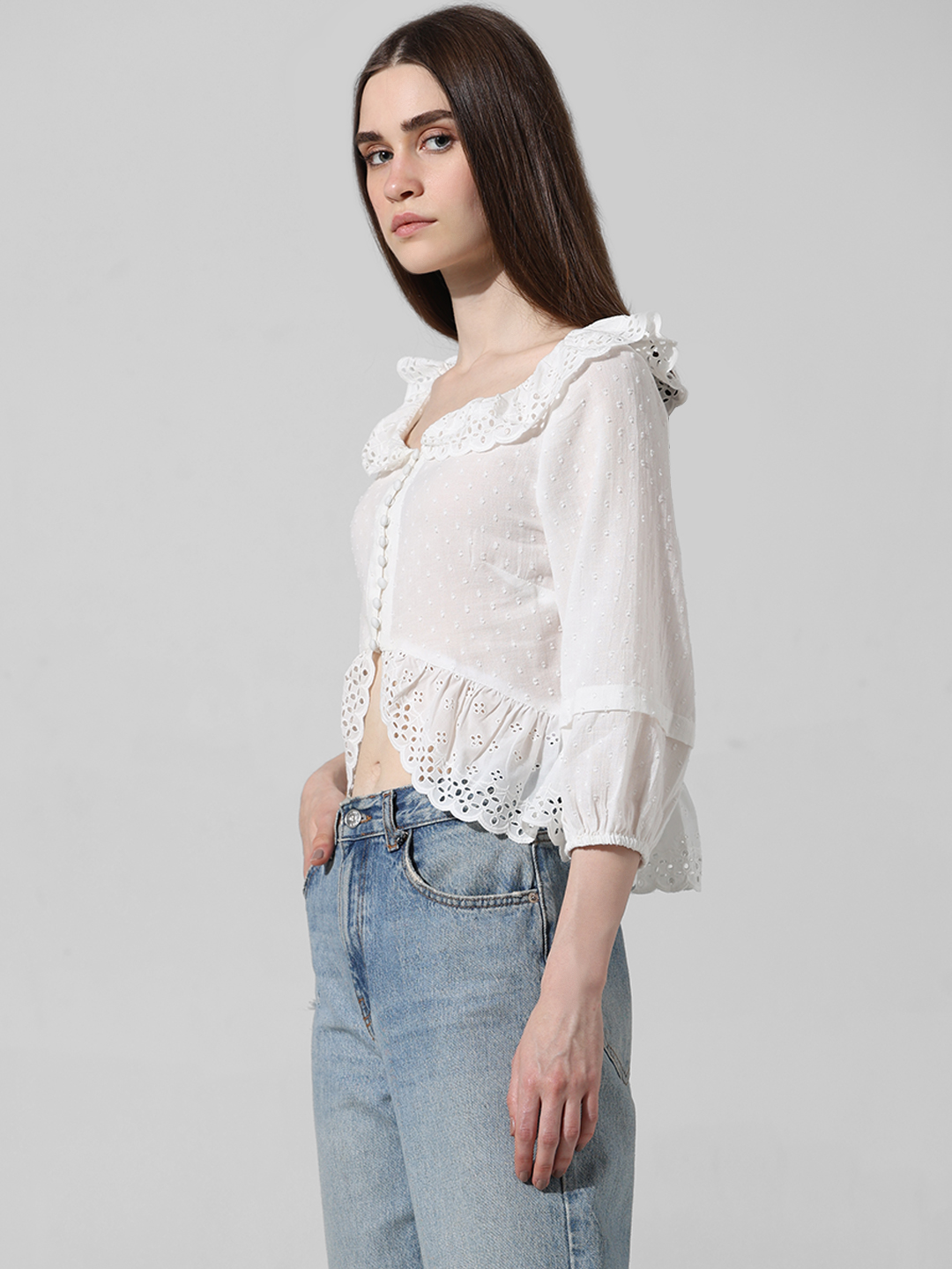 ONLY Women Self Design White Top