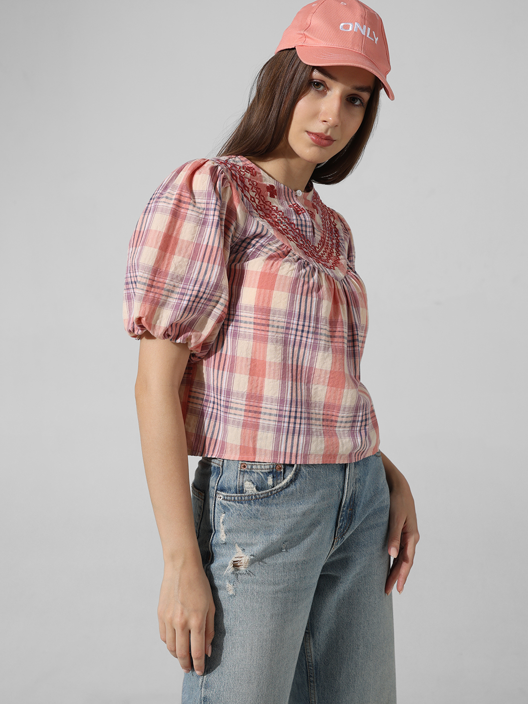 ONLY Women Checkered Pink Top
