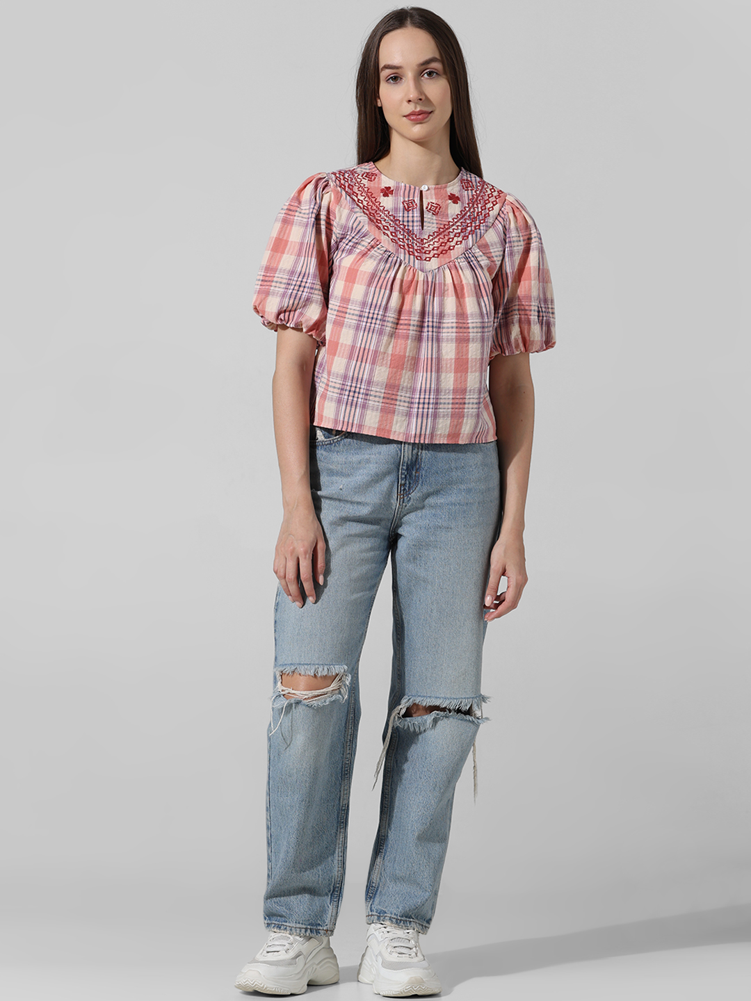 ONLY Women Checkered Pink Top