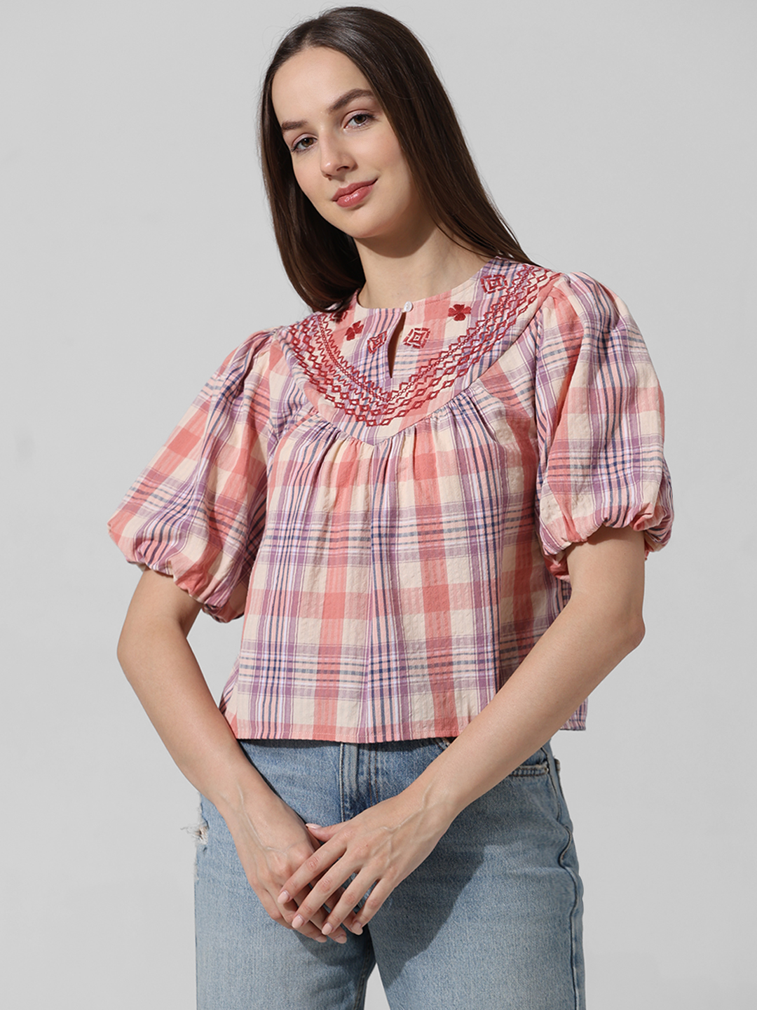ONLY Women Checkered Pink Top